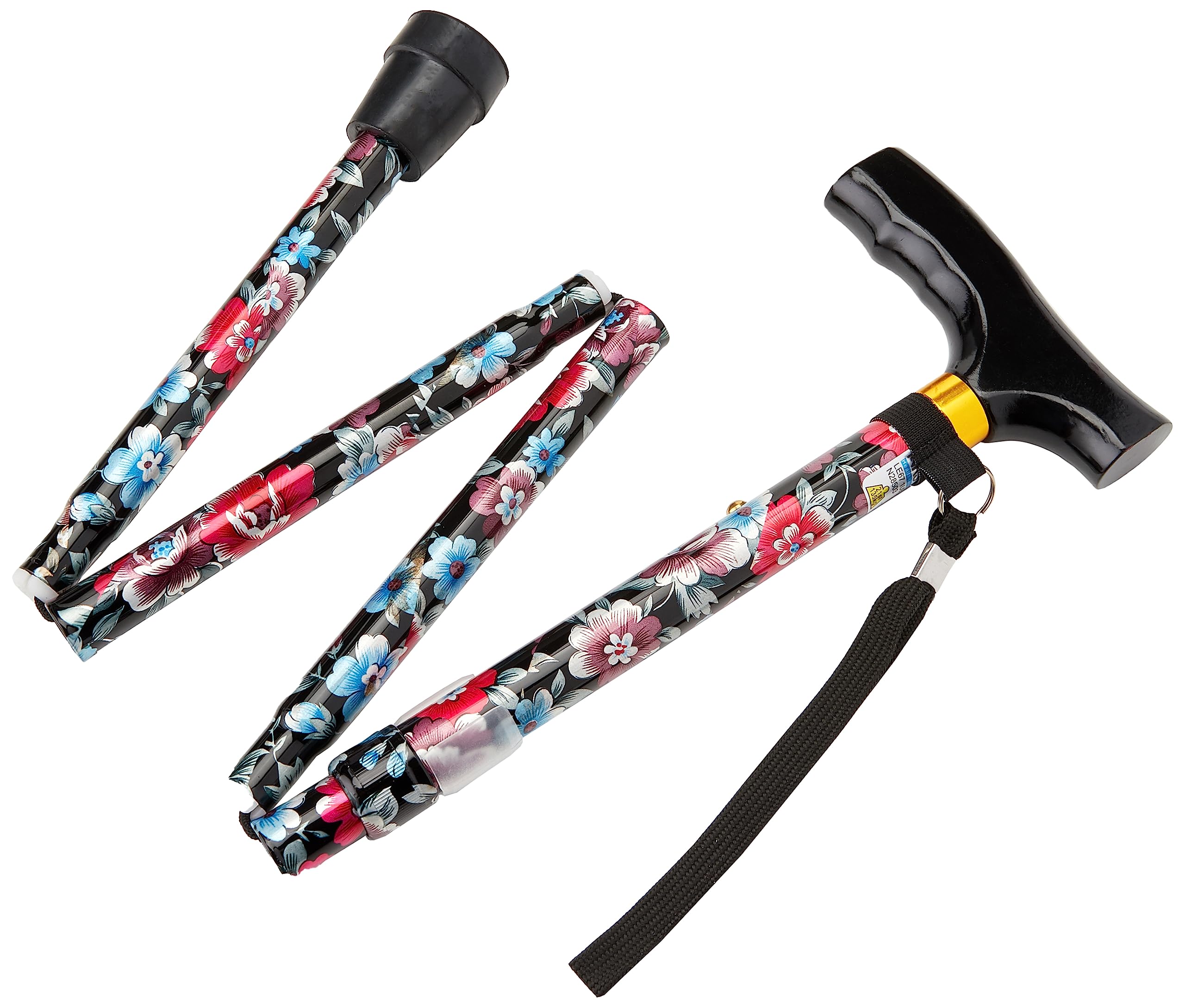NRS Folding Walking Stick Black Floral Design Wooden Handle Lightweight Durable