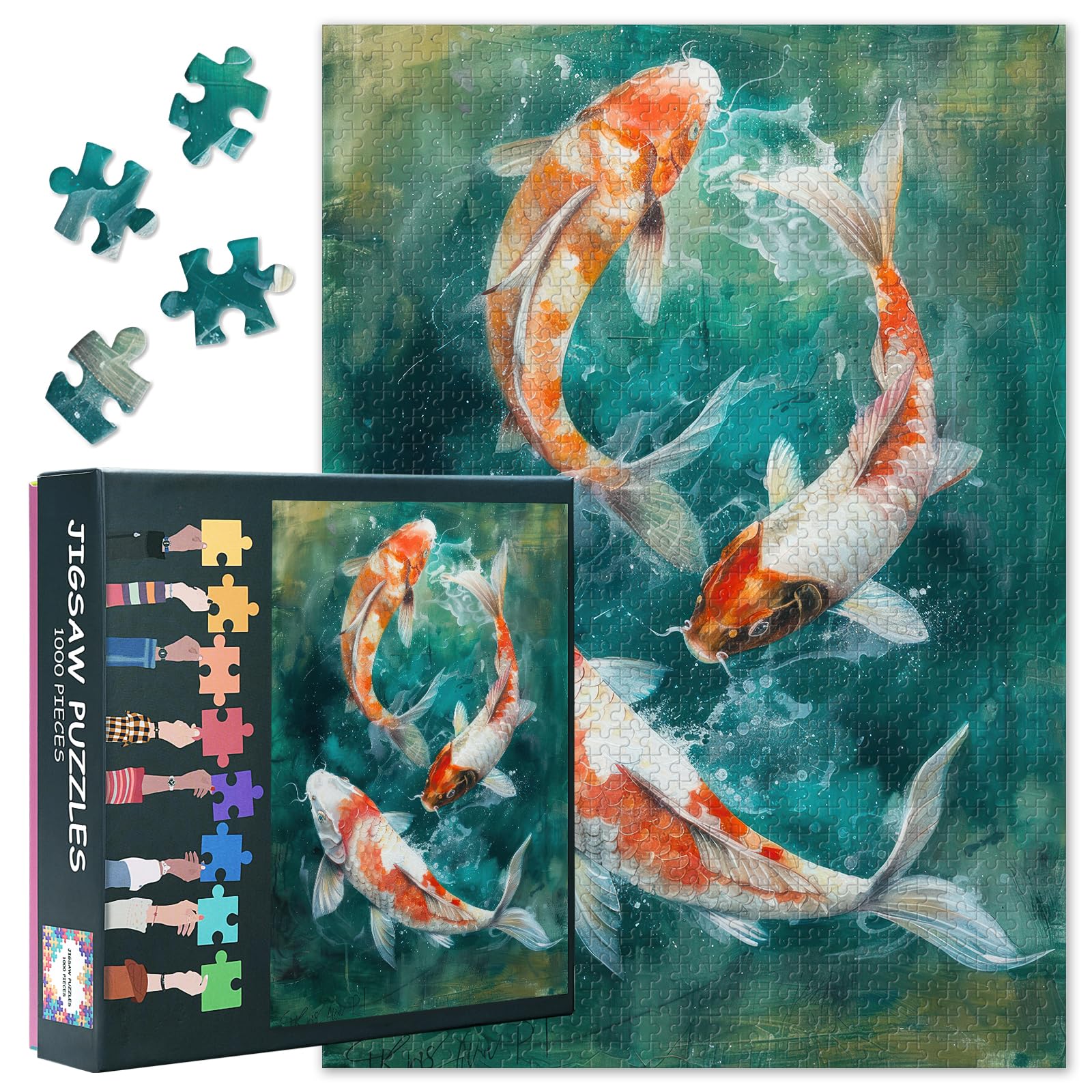 Jigsaw Puzzle for Adults Three Koi Fish Jigsaw Puzzle Art for Adults Gift Home Decor Koi Fish Swimming Intelligence Challenging Puzzles 1000 Pieces for Family Games 27.5"X19.7"