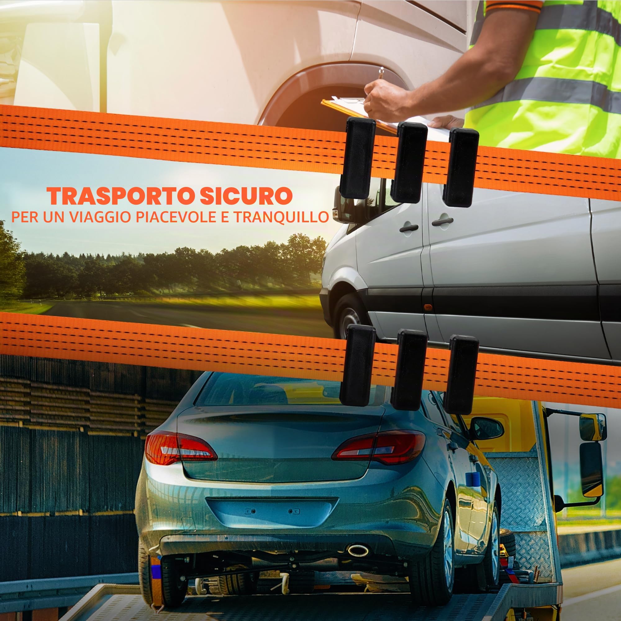 4 pezzi | Cinghia di fissaggio per il trasporto auto | Larghezza 50 mm | 2,70 metri | 4000 kg | Cinghia di fissaggio | Fissaggio ruote | Auto | Cinghia per pneumatici | Auto | Rimorchio