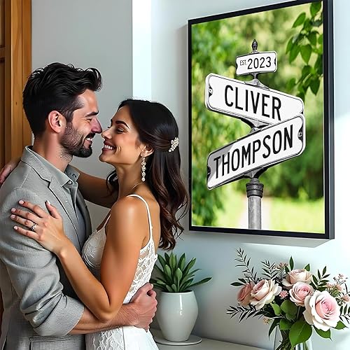 Miniatura 4 de Póster de lienzo con nombre personalizado para pareja, encrucijada, boda, fecha, señales de calle, bosque, lienzo regalo de amor para aniversario,