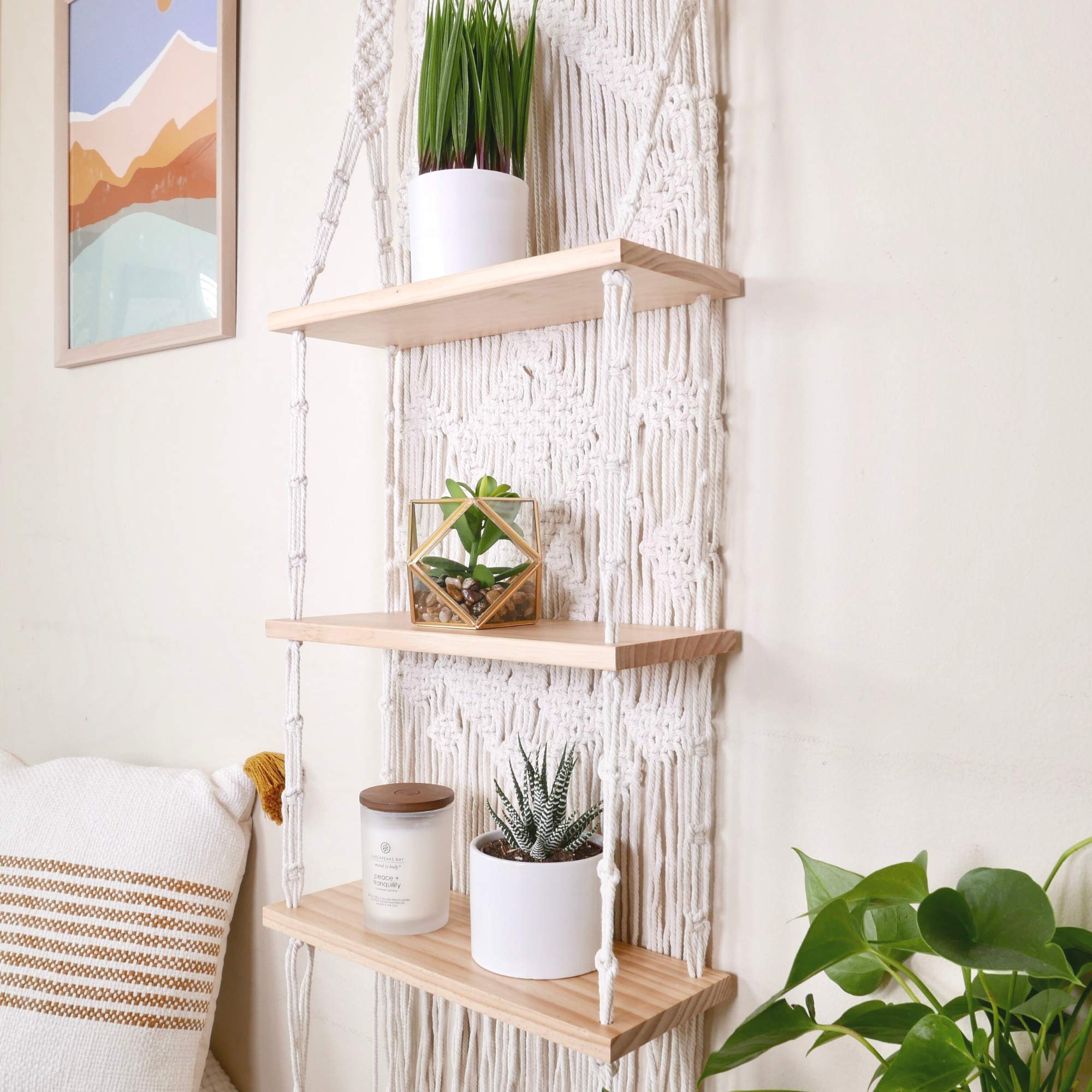 31Mod Macrame Wall Hanging Shelf with Enhanced Solid Wood Shelves and Handmade Macrame to Organize Plants and Decor — 3 Tier Macrame Shelf Wall Hanging for Kitchen, Bathroom, Home Storage, Plants