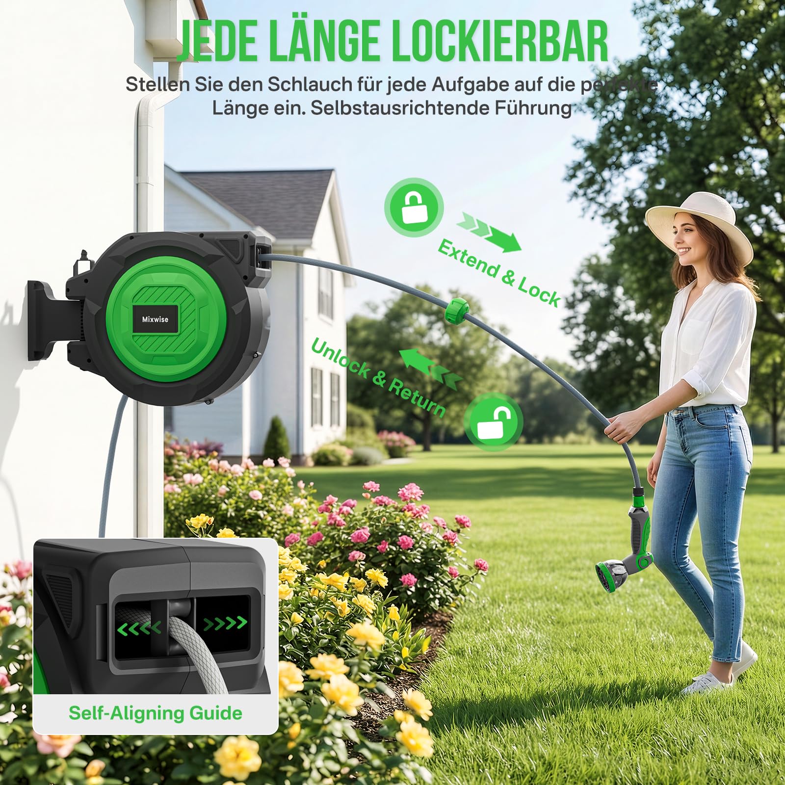 Schlauchtrommel,Wand-Schlauchbox RollUp 1/2'' x 30+2 m mit 180° Schwenkbarer, 10-fach Verstellbarer Düse, Automatischem Rückzugssystem und Arretierung in Jeder Länge für Garten Bewässerung Reinigung