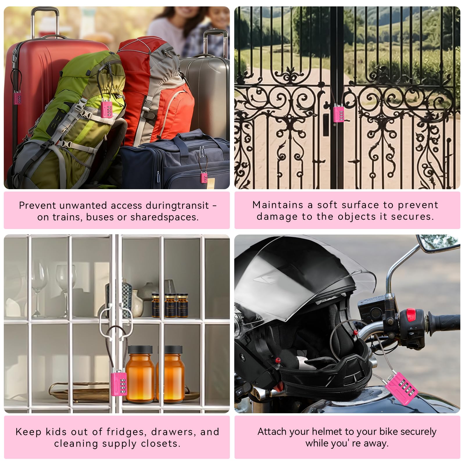 SEPOX Rücksetzbares 4-stelliges Zahlenschloss, 18 cm, kompaktes Vinyl-Stahlkabel – Mehrzweckschloss für Spind, Koffer, Mini-Werkzeugkasten – Pink Gym Essentials für Frauen, 12 Stück
