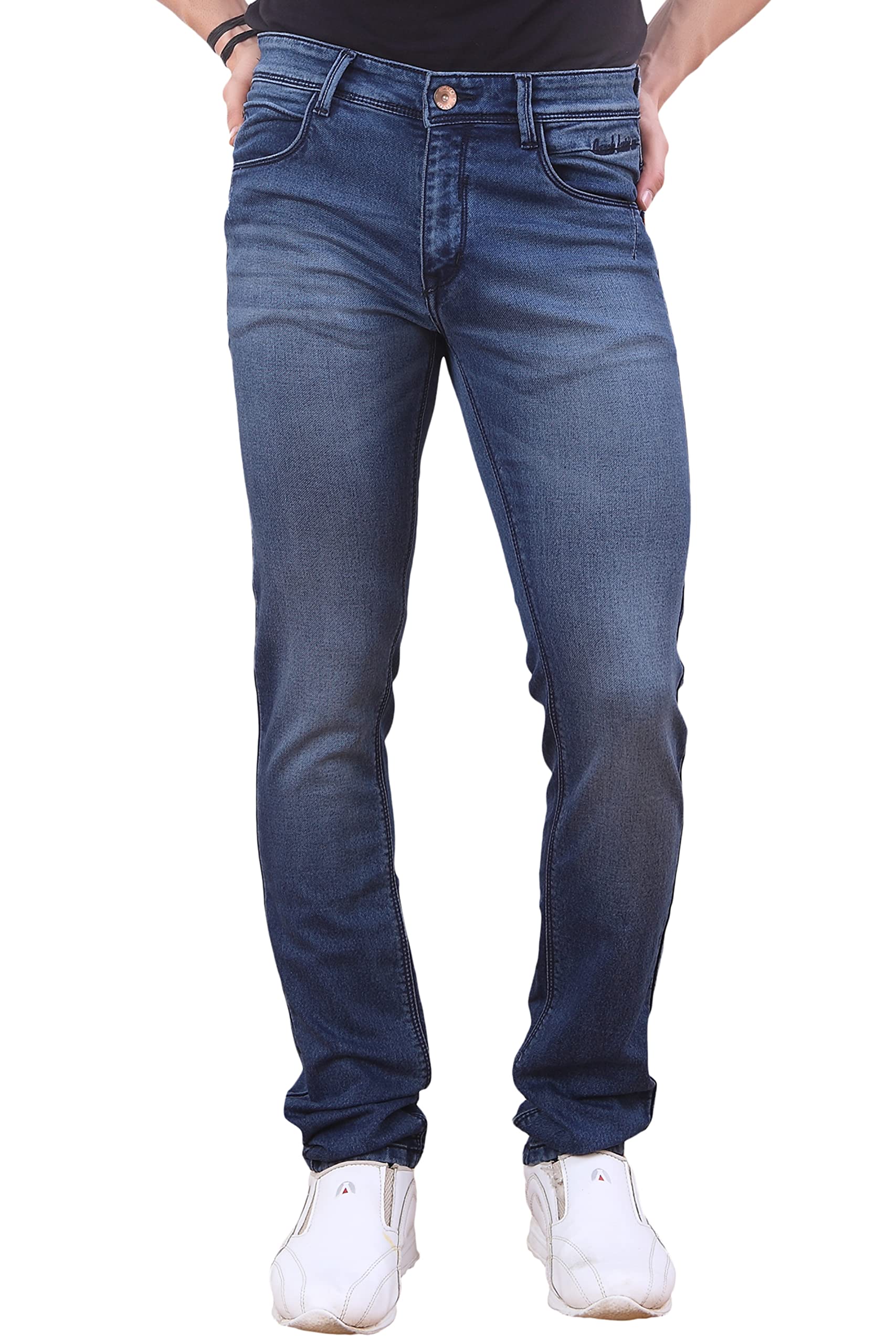 AwackStretchable Denim Mid Rise Relaxed Fit Curved Pocket Sturdy Stitching Full Length Jeans for Men