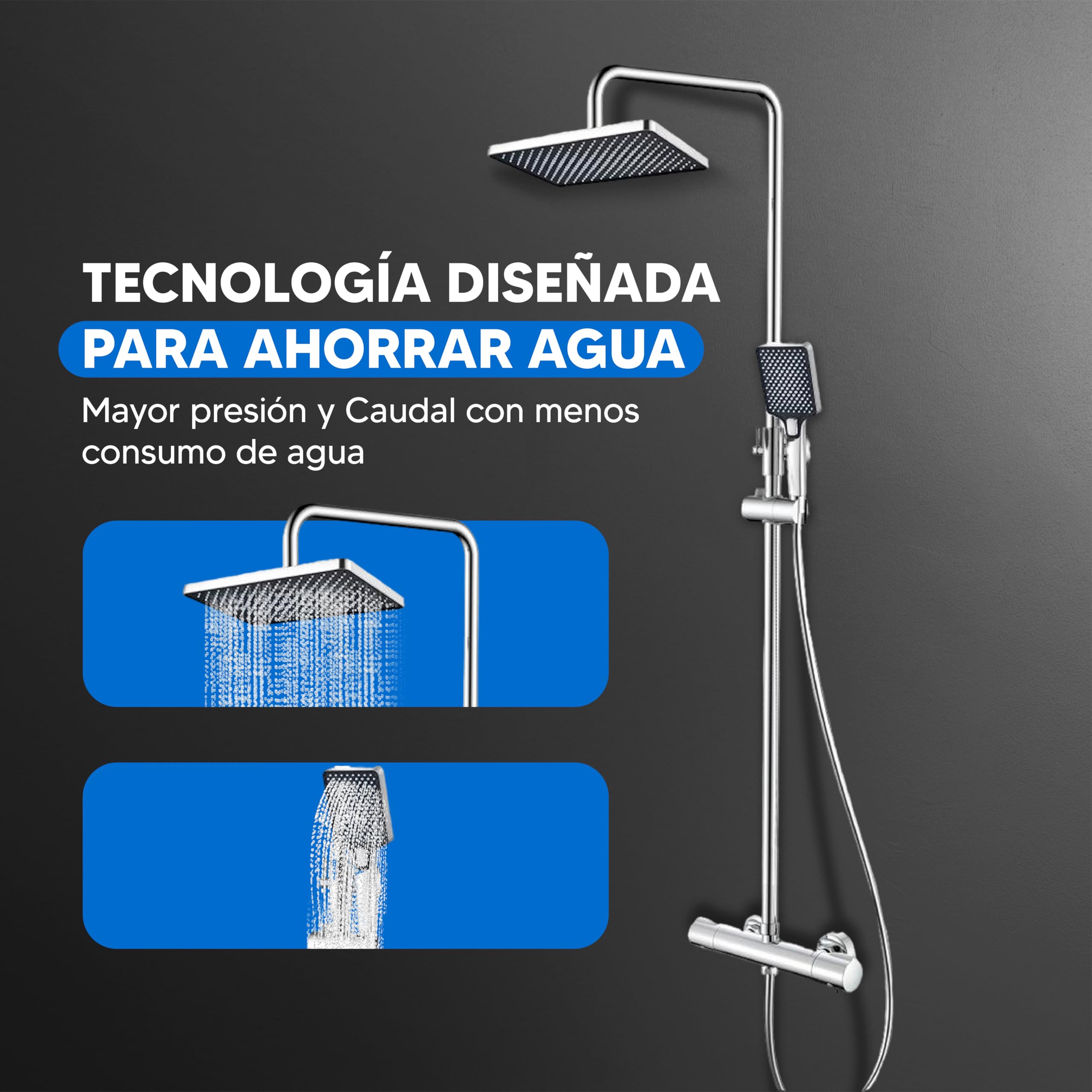 INEX EUROPA Columna de Ducha Termostática Cromado Pulido 2 Modos de Operación Alcachofa de Mano y Cabezal Cuadrado – y 10 Años de Garantía, para instalaciones de ducha con plato