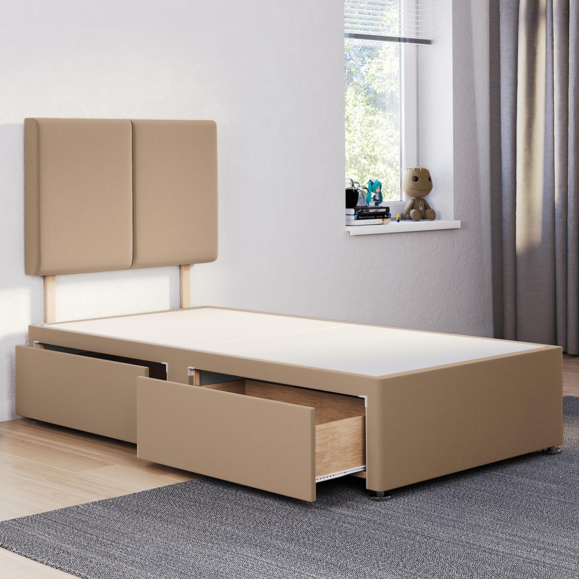 ComfoRest - Trendy 3FT Single Divan Bed with 2 Drawers & 24" Deux Headboard | Stylish Frame with Storage and a Durable Base for Contemporary Homes (Mink Plush) — image 1