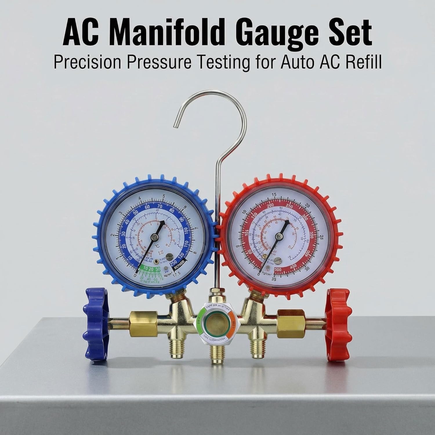 3-Way AC Manifold Gauge Set for R134A R12 R22 R502 Refrigerants, with Quick Couplers, 410 Adapter, Can Tap & Valve Core Tool, HVAC AC Diagnostic Tool for Car Auto Household Refrigeration Maintenance