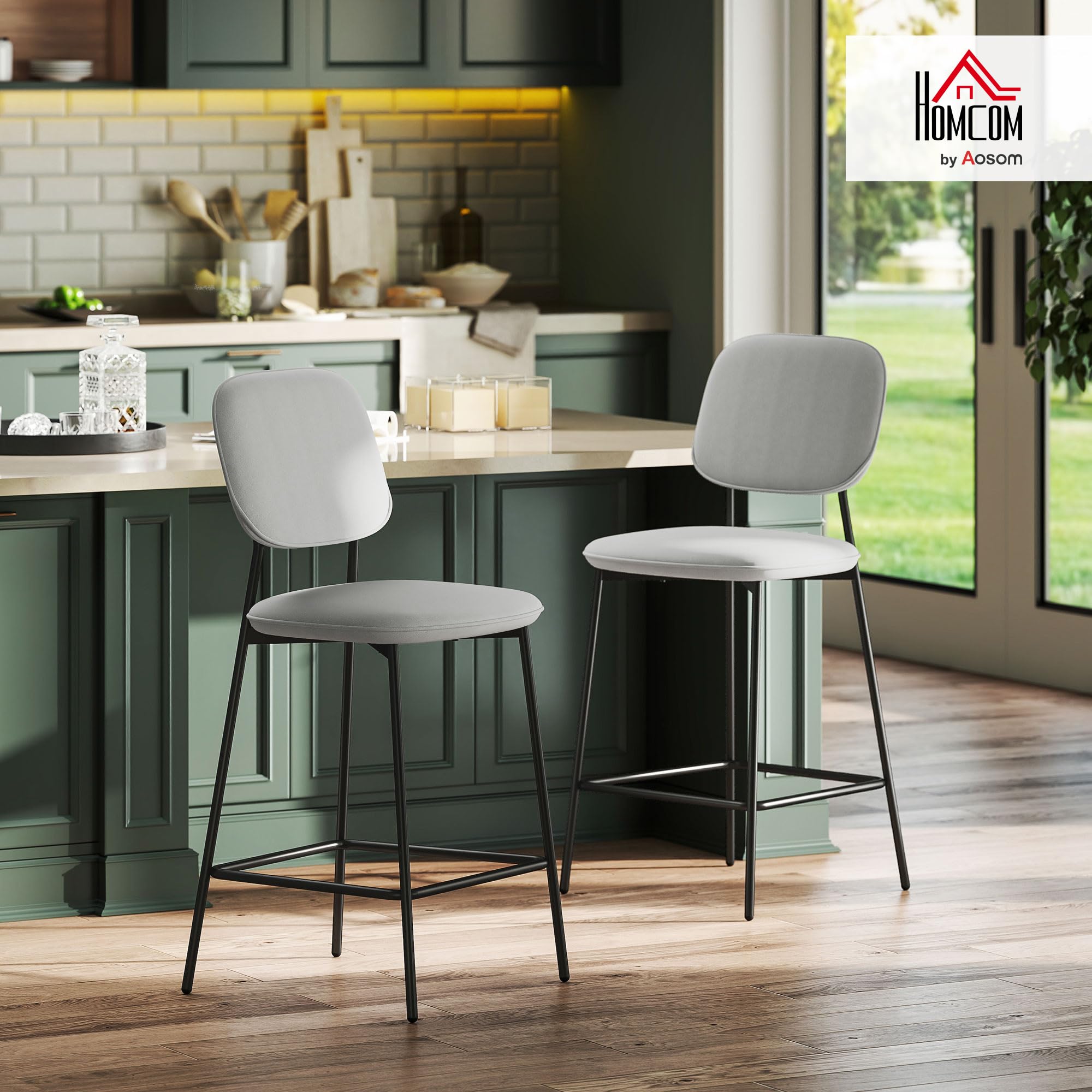 HOMCOM Juego de 2 Taburetes de Bar con Respaldo y Reposapiés Gris Claro | Taburetes Altos de Cocina, Tapizado en Terciopelo, Marco de Acero, para Comedor Mostrador