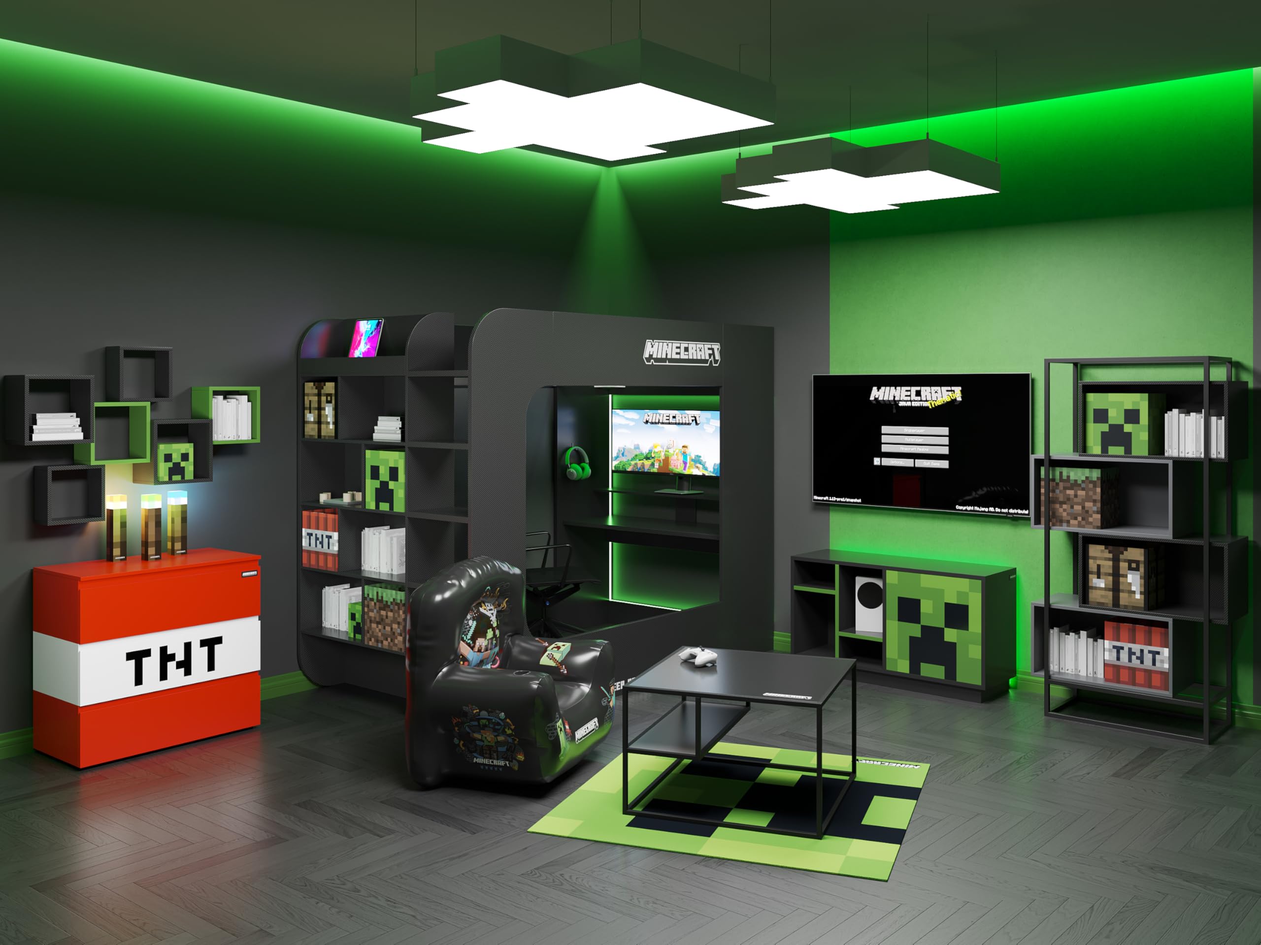 Minecraft Gamingtisch, Schreibtisch mit Beleuchtung und Halterungen