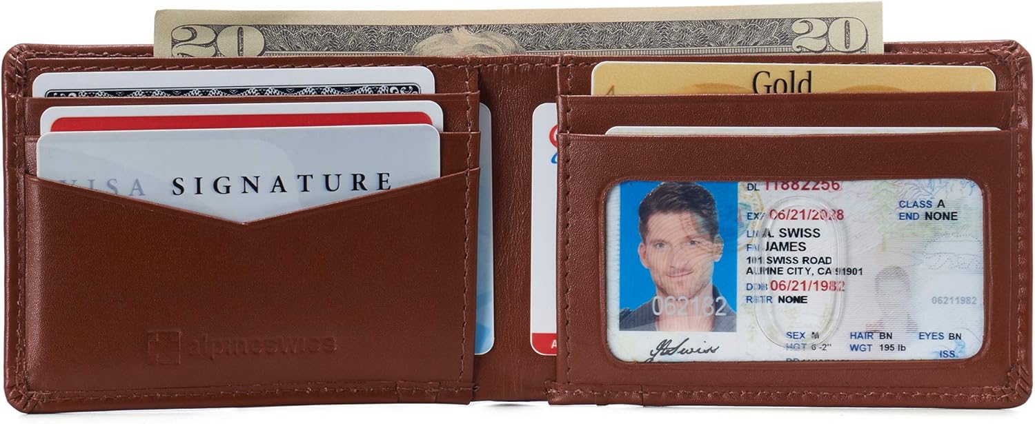 Alpine Swiss Delaney Slim Bifold Wallet | Front Pocket Wallet | 8 Card Slots ID Window | Outside Card Slot| RFID Protected Premium Leather | Gift Box - Image 3
