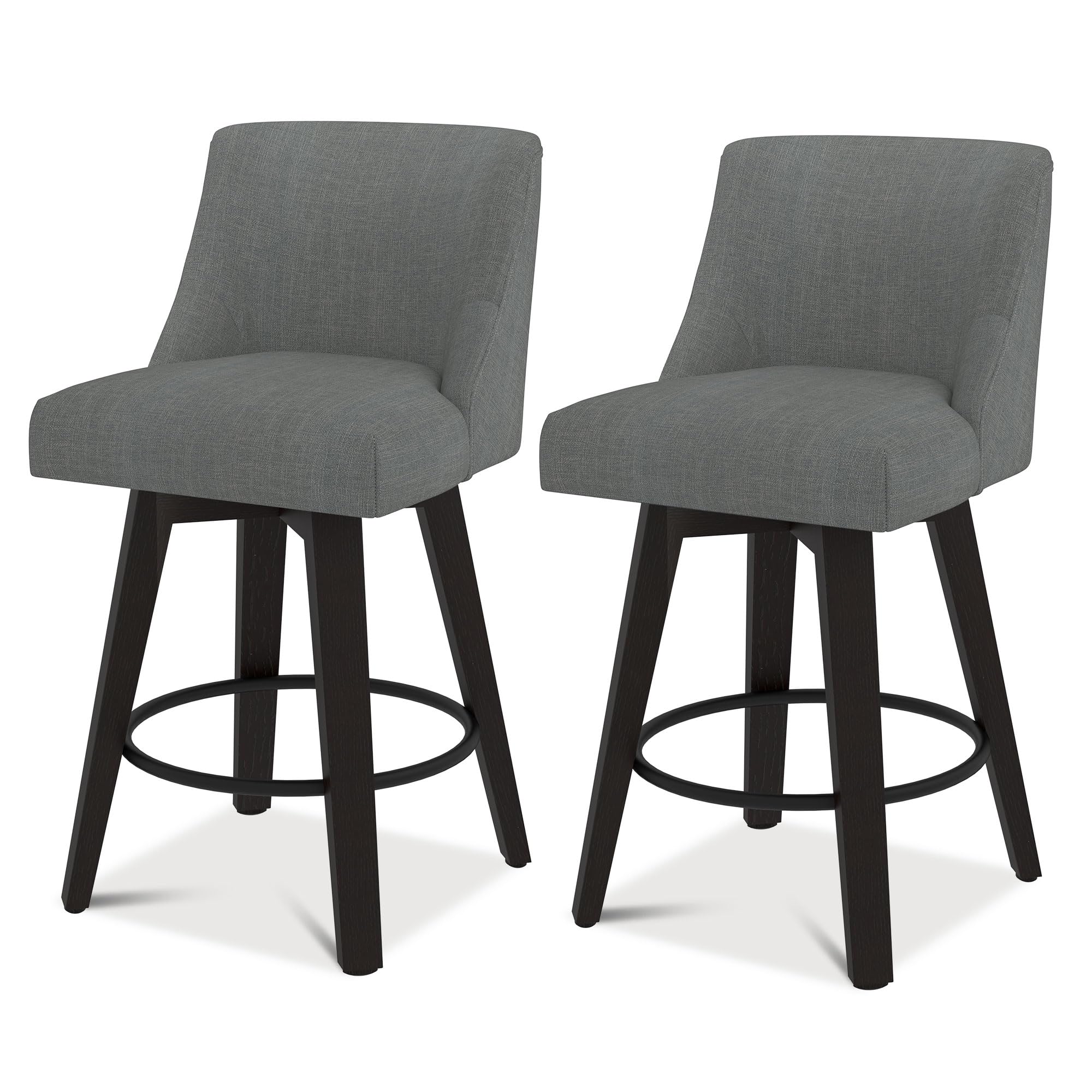 Swivel Bar Stools Set of 2,Counter Height Modern Upholstered Stools,26 inch Height Stools with Back,Performance Fabric in Dark Grey/Solid Wood Legs
