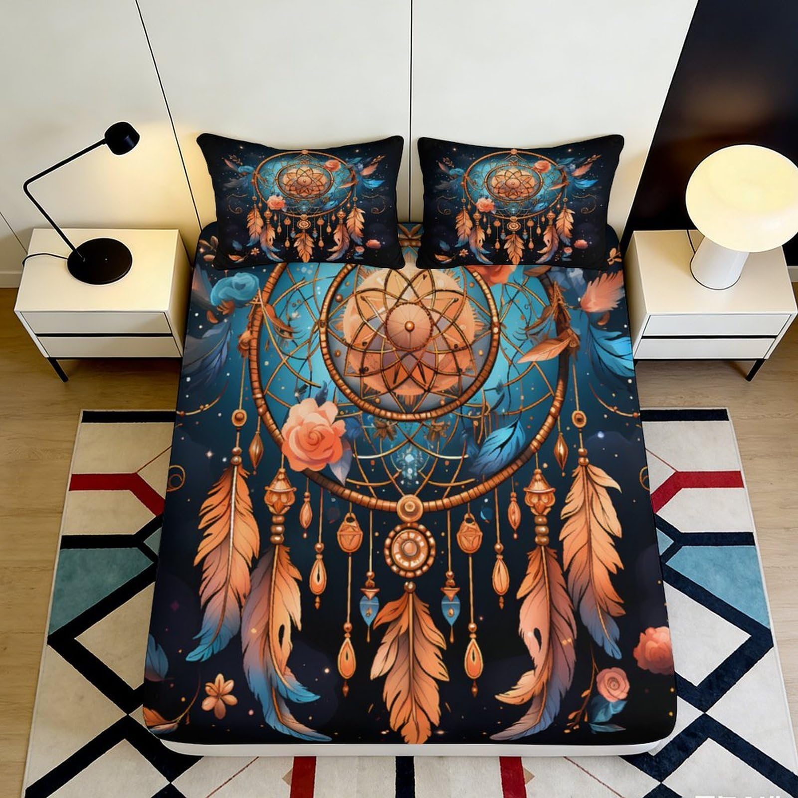 3D Printed Dreamcatcher Fitted Sheet Microfiber Soft Feather Floral Mattress Cover for Bedroom Dorm Mattress Protection Decor 140x200x25cm