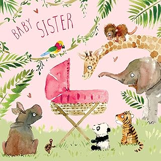 Twizler New Baby Sister Card with Pink Crib and Jungle Animals - New Baby Card - Sister Card - Brother Card - Congratulations Card - Cute Card - New Baby Gifts - Baby Girl Gifts - Baby Sister Gifts