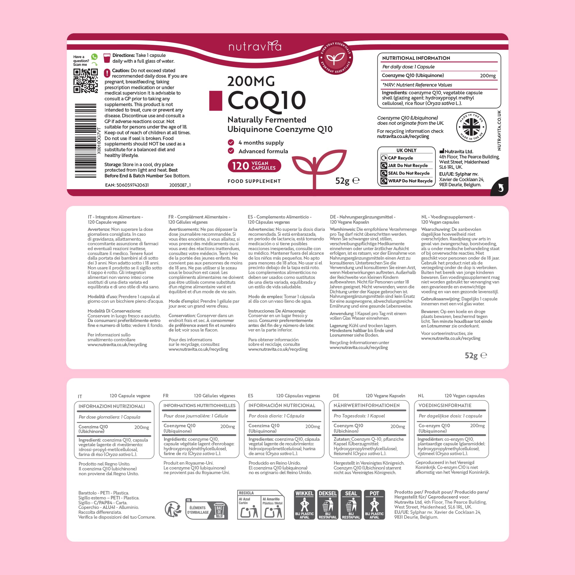 Nutravita Coenzyme Q10 200mg par Capsule - Cure de 4 Mois, 120 Capsules Vegan Fortement Concentré - Coq10 - Q10 Coenzyme