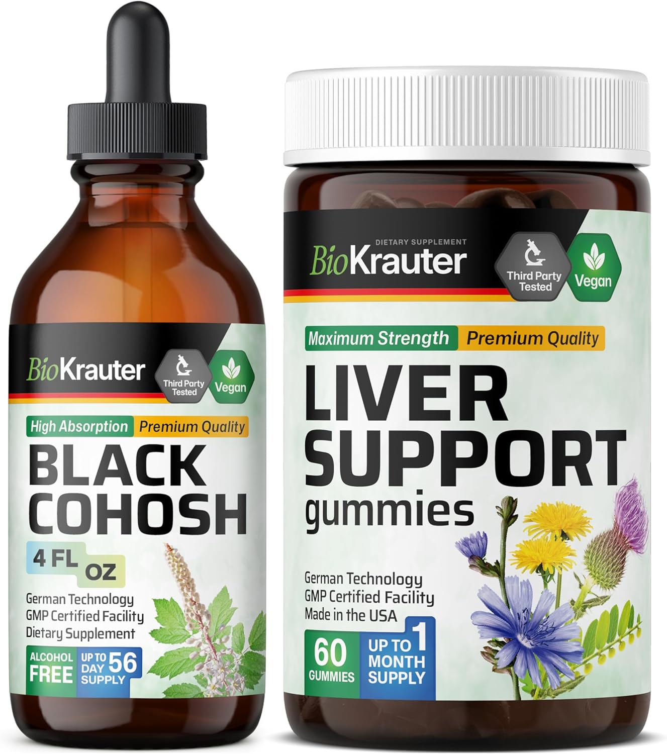 BIO KRAUTER Black Cohosh Tincture 4 Fl. Oz. & Liver Support 60 Gummies.