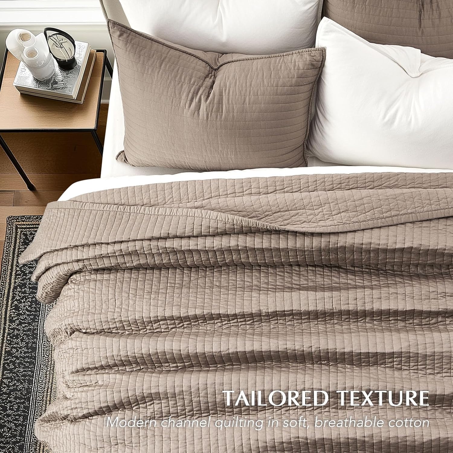 EVERGRACEHOME Cotton Sateen Quilt Set Queen Size, Pre-Washed Cotton Channel Stitch Coverlet Bedspread, 3 Pieces Lightweight Soft Bedding Sets for All Season, with 2 Pillow Shams, Stone Taupe - Image 3