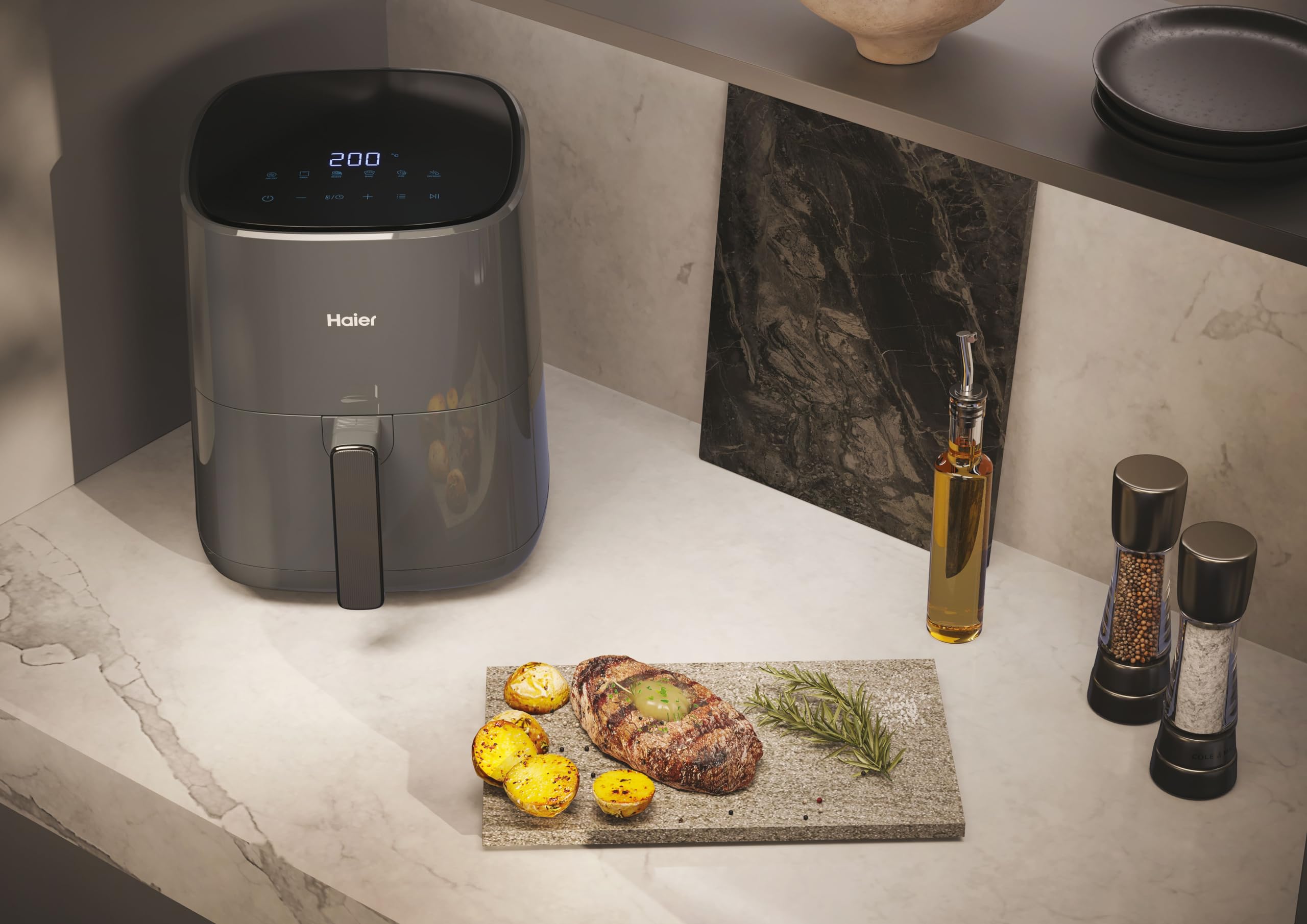 HAIER Freidora de Aire sin Aceite de 5L, Pantalla Táctil, 6 en 1, Air Fryer, Hornear, Asar, Parilla, Deshidratar, Descongelar, para 4 Personas