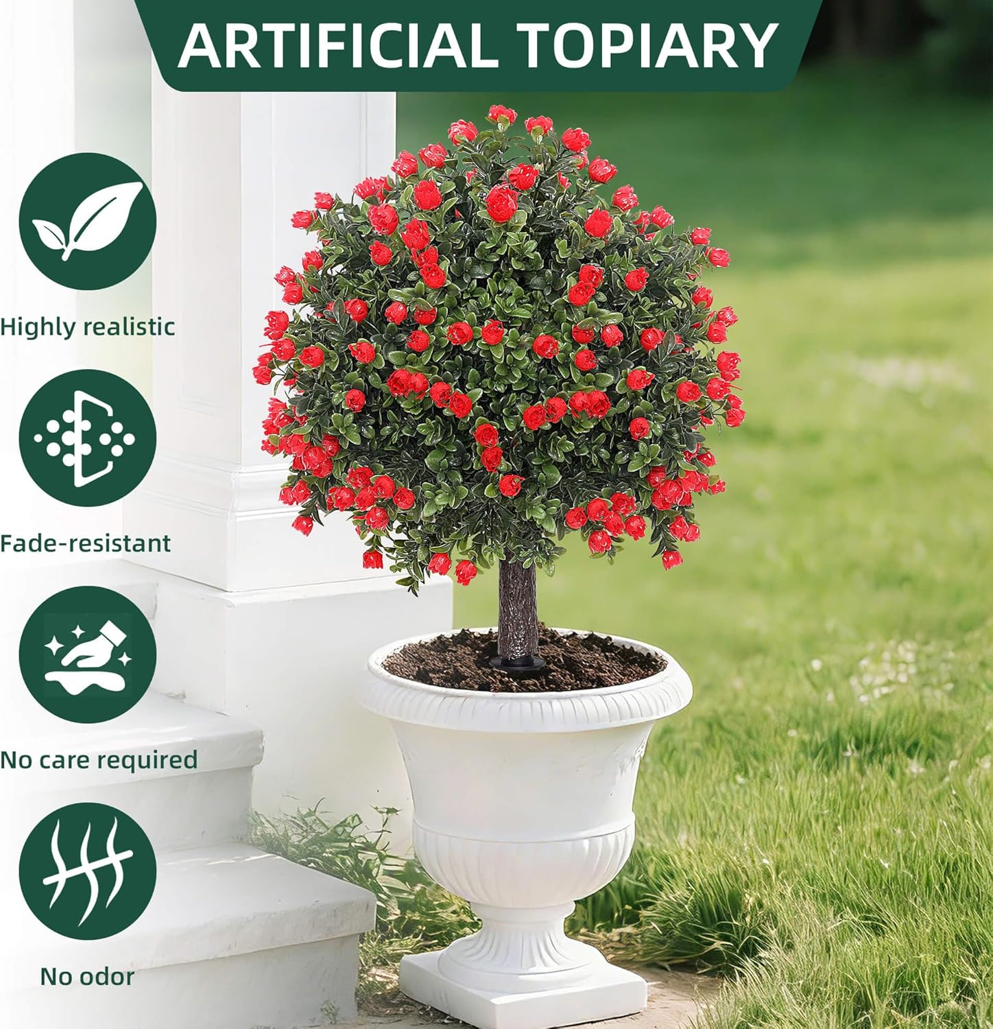 23In Artificial Boxwood Topiary Ball with Lavender,2 Pack UV Resistant Fake Shrubs with Ground Spike for Indoor Garden Yard Porch Patio Decor (Red)