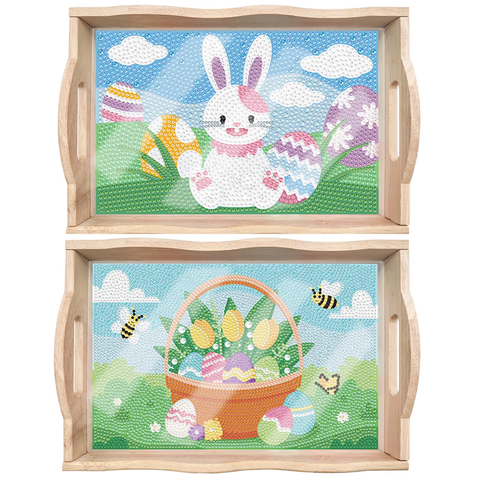DIY Diamond Painting Tray Diamond Art Painting Pallet Handmade Wooden Tray Dinner Plate Tea Tray Coffee Tray Diamond Painting Mandala Gift (2pcs Easter Bunny Egg Set 01)