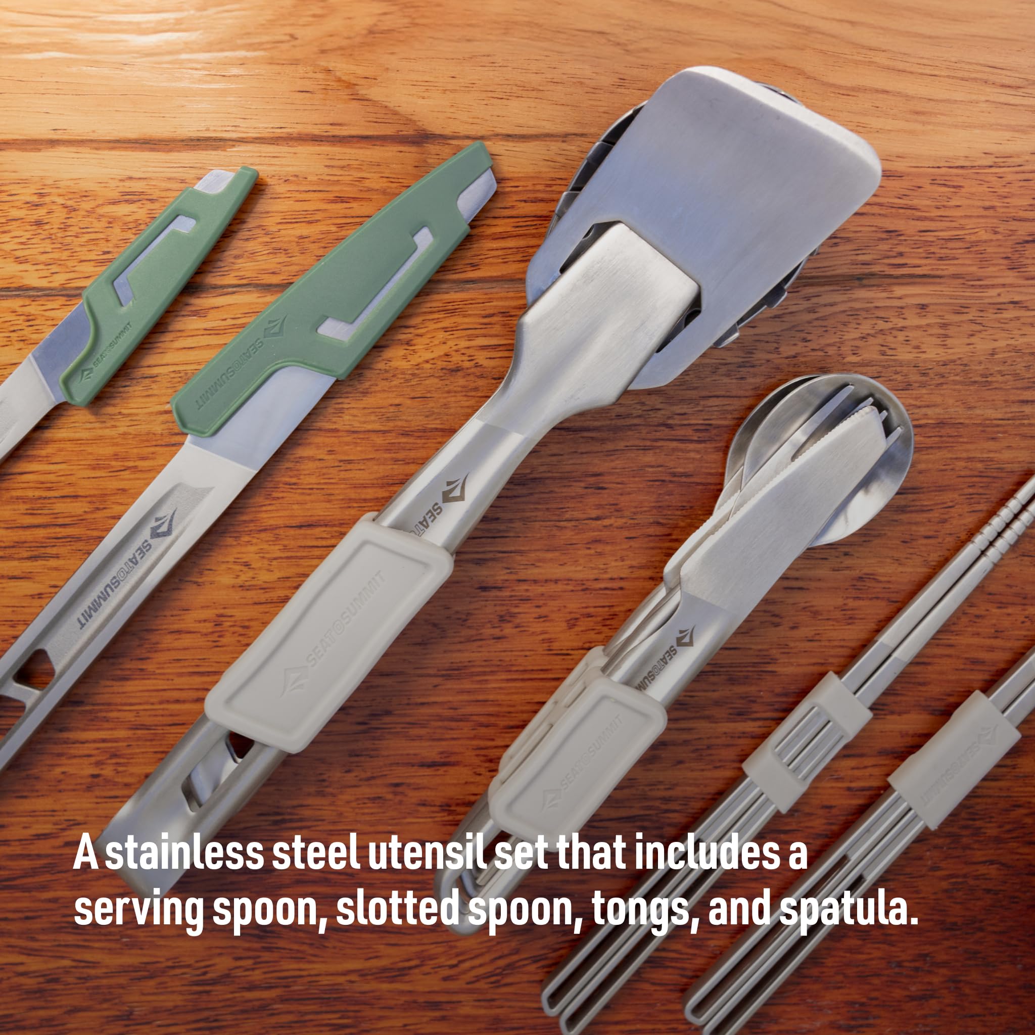Sea to Summit Detour Stainless Steel Camping Utensil Set for Cooking and Serving (Serving Spoon, Slotted Spoon, Tongs, Spatula)