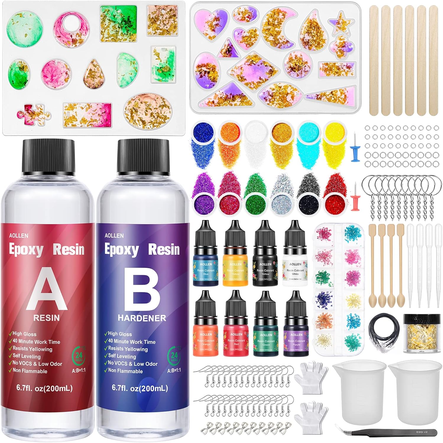 AOLLEN Epoxy Resin Kits for Beginners, 400ml Crystal Clear Resin Accessories with Moulds, Resin Pigment, Resin Glitter, Gold Leaf, Dried Flowers, Epoxy Resin Starter Kit for Jewelry Making