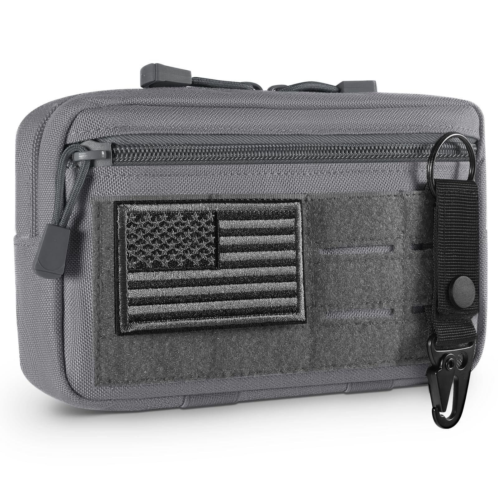 FRTKK Tactical Molle Admin Pouch Utility Laser Cut EDC Tool Pouch Bag Horizontal Modular Pouches Include US Flag Patch and Keychain (Grey)