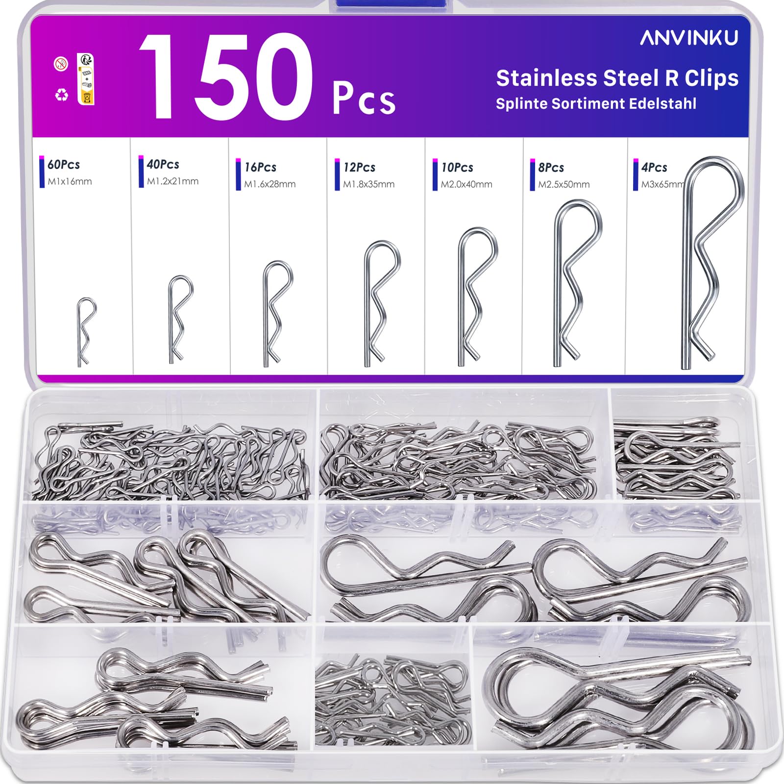 Set di 150 splinte in acciaio inox, 7 misure a molla, 304 clip a R, in acciaio inox, assortimento di morsetti a molla per auto, meccanica, riparazione navale