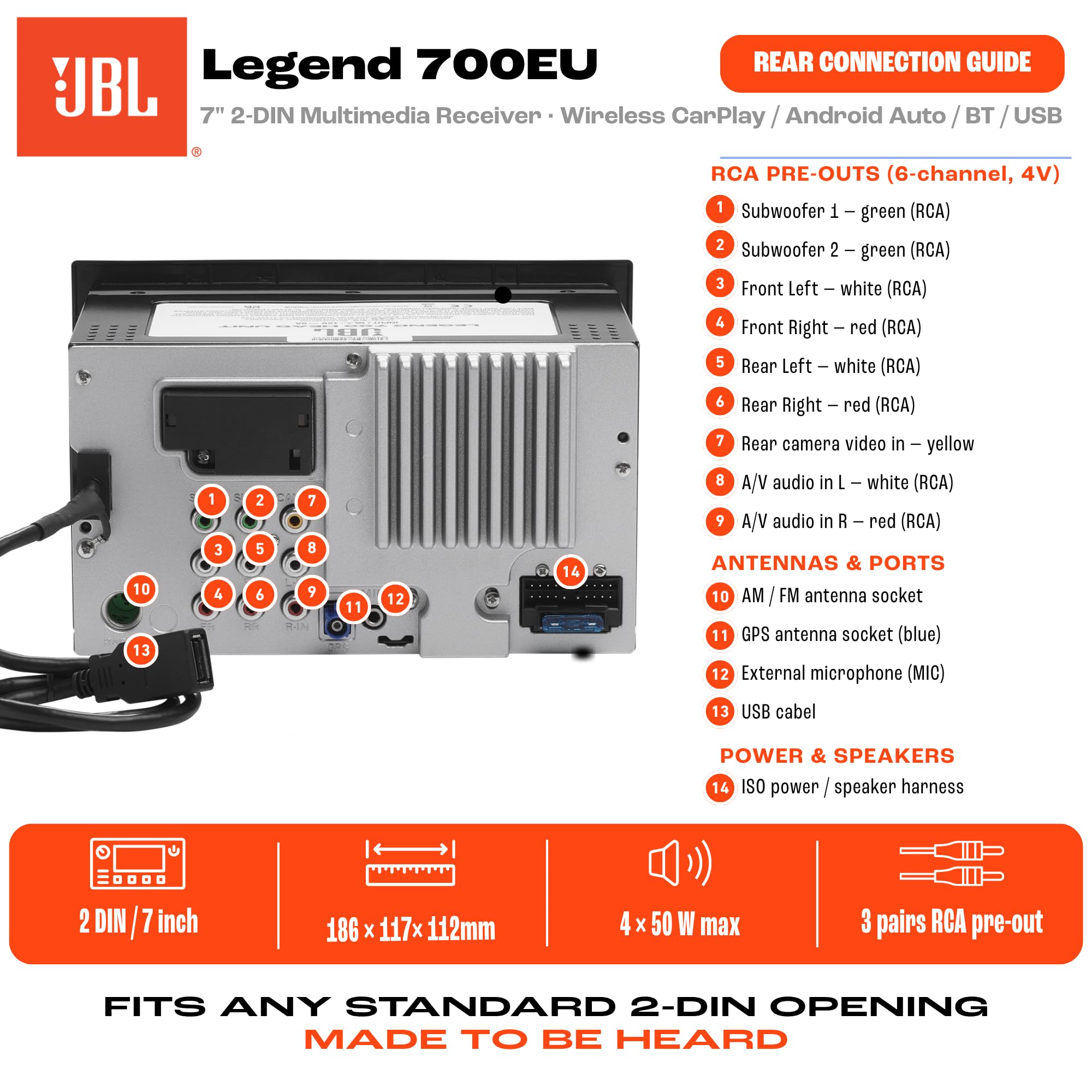 JBL Legend 700 Autoradio 2-DIN, CarPlay Coche & Android Auto Inalambrico | Pantalla táctil 7 pulgadas, 4x50 W, ecualizador paramétrico, preouts 4V, Bluetooth, USB, SD, cámara trasera, radio para coche