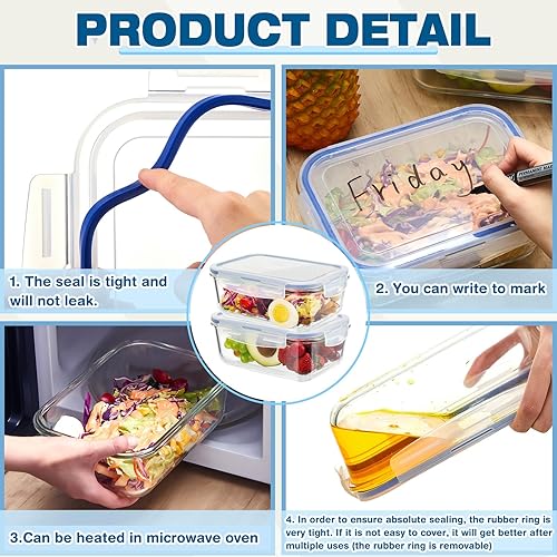 Miniatura 4 de Juego de 4 recipientes de almacenamiento de vidrio grandes de 8 tazas herméticos de 63 onzas, cajas Bento para alimentos con tapas, recipientes de