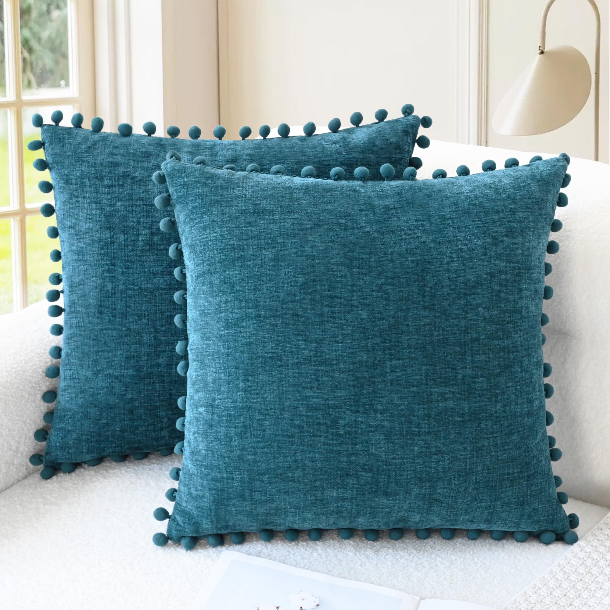 CaliTime Throw Pillow Cases Pack of 2 Cozy Solid Dyed Soft Chenille Cushion Covers with Pom Poms for Couch Sofa Home Decoration 50cm x 50cm Ocean Blue โ image 1