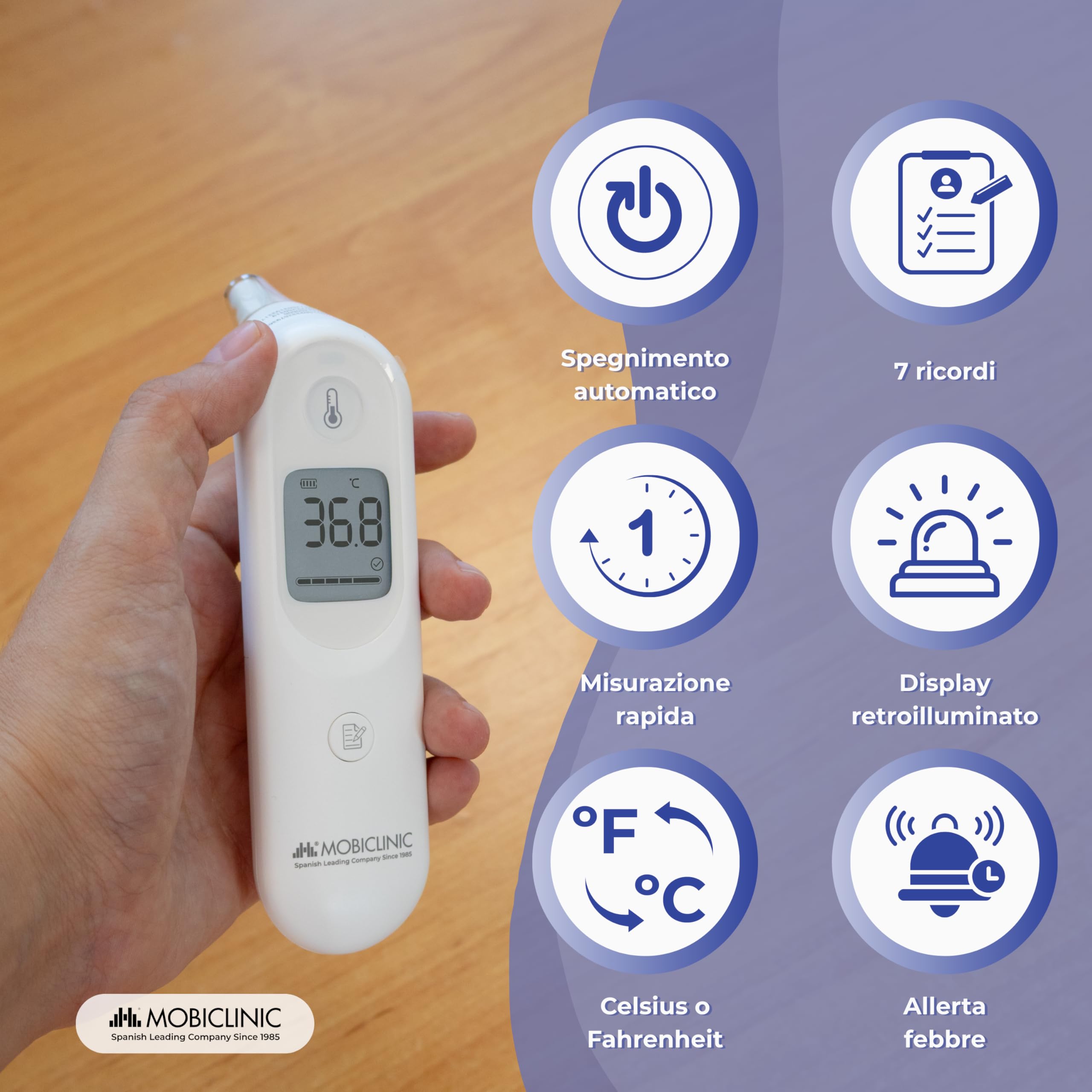Mobiclinic®, Termometro Auricolare, 7 Memorie, Avviso Febbre, Display Illuminato, Punta Morbida e Sicura, Spegnimento Automatico, per Bambini e Adulti, °C/°F, Thermobi1