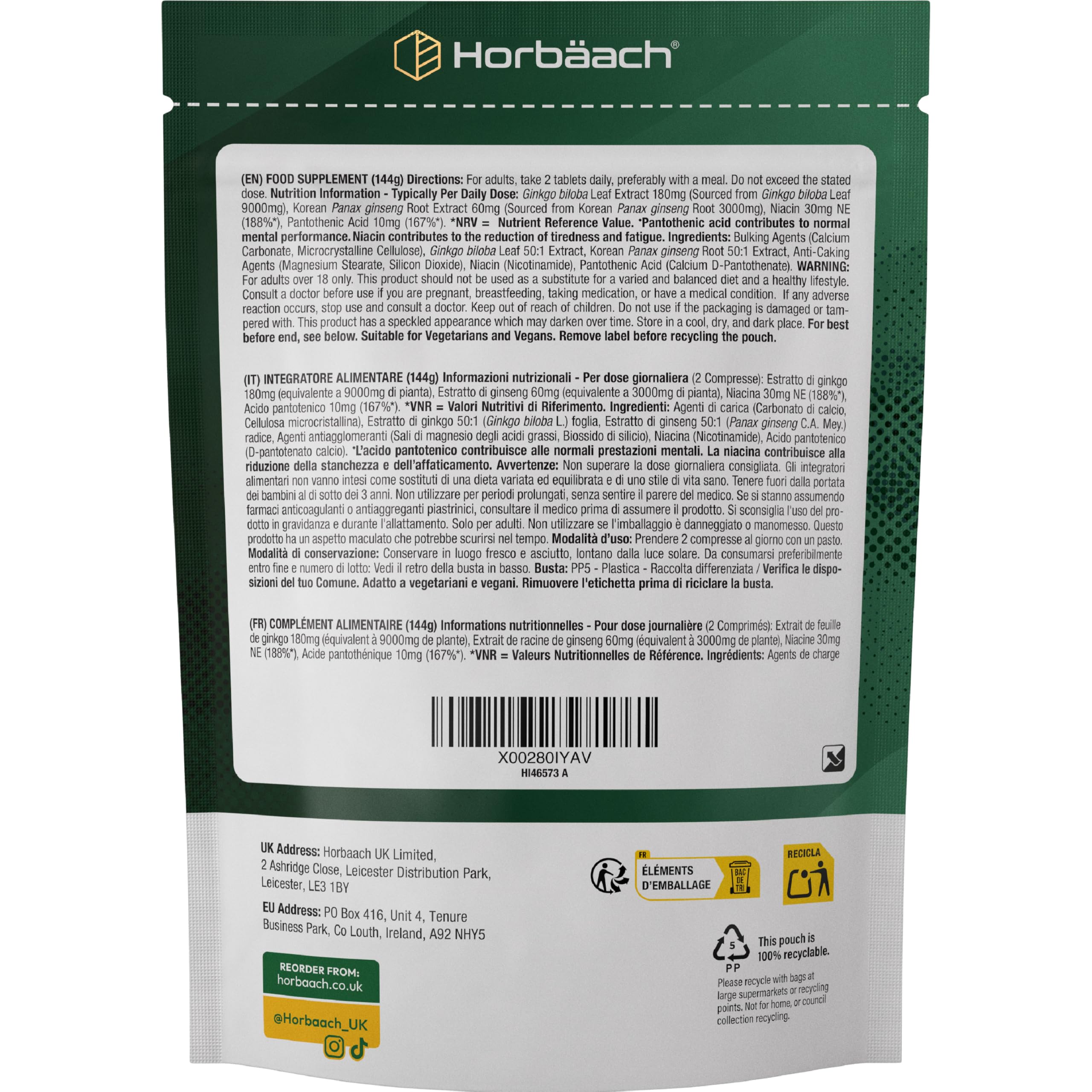 Ginkgo Biloba e Ginseng Integratore | Ginkgo 9000 mg e Radice di Ginseng Coreano 3000 mg | 180 compresse vegane | di Horbaach