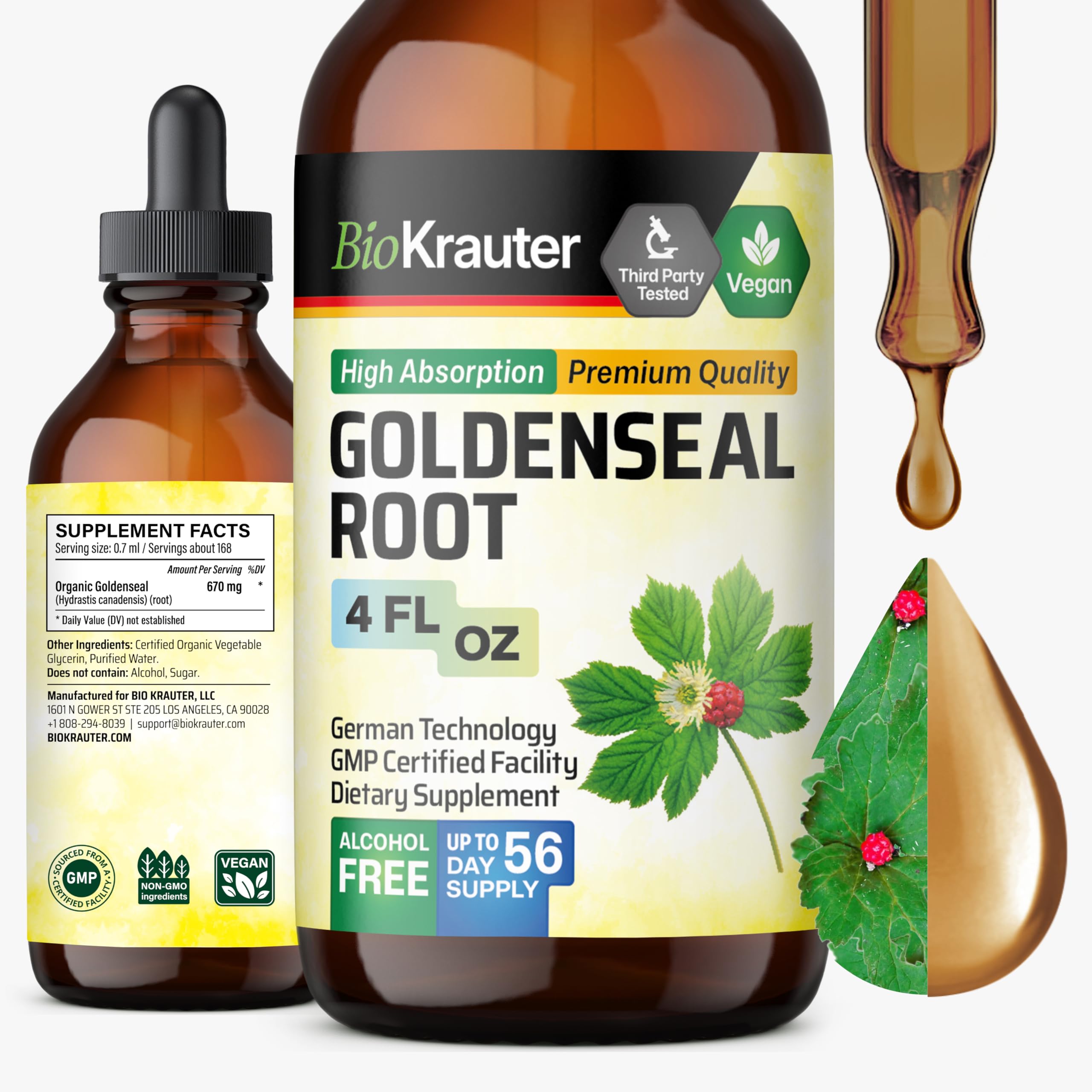 BIO KRAUTER Goldenseal Root Tincture for Immune & Respiratory Support, 4 Oz 4 Fl Oz (Pack of 1)