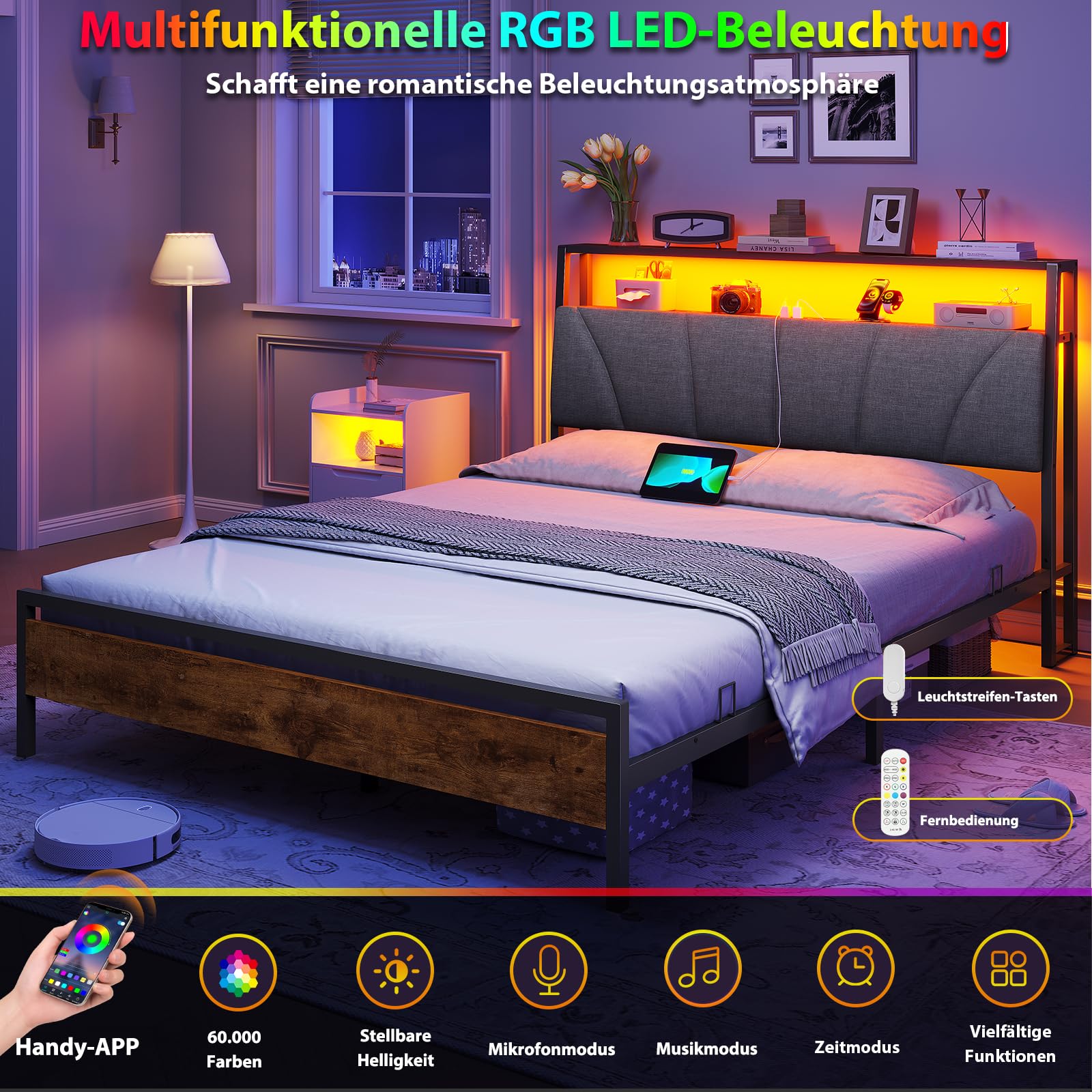Brinlawb Bett 140x200 cm mit LED Beleuchtung und Ladestation (2 AC-Steckdosen, USB-A, USB-C) Jugendbett 140x200 mit gepolstertem Kopfteil und 2 offenen Regalen, Bettgestell 140x200cm, Metallbett, Grau