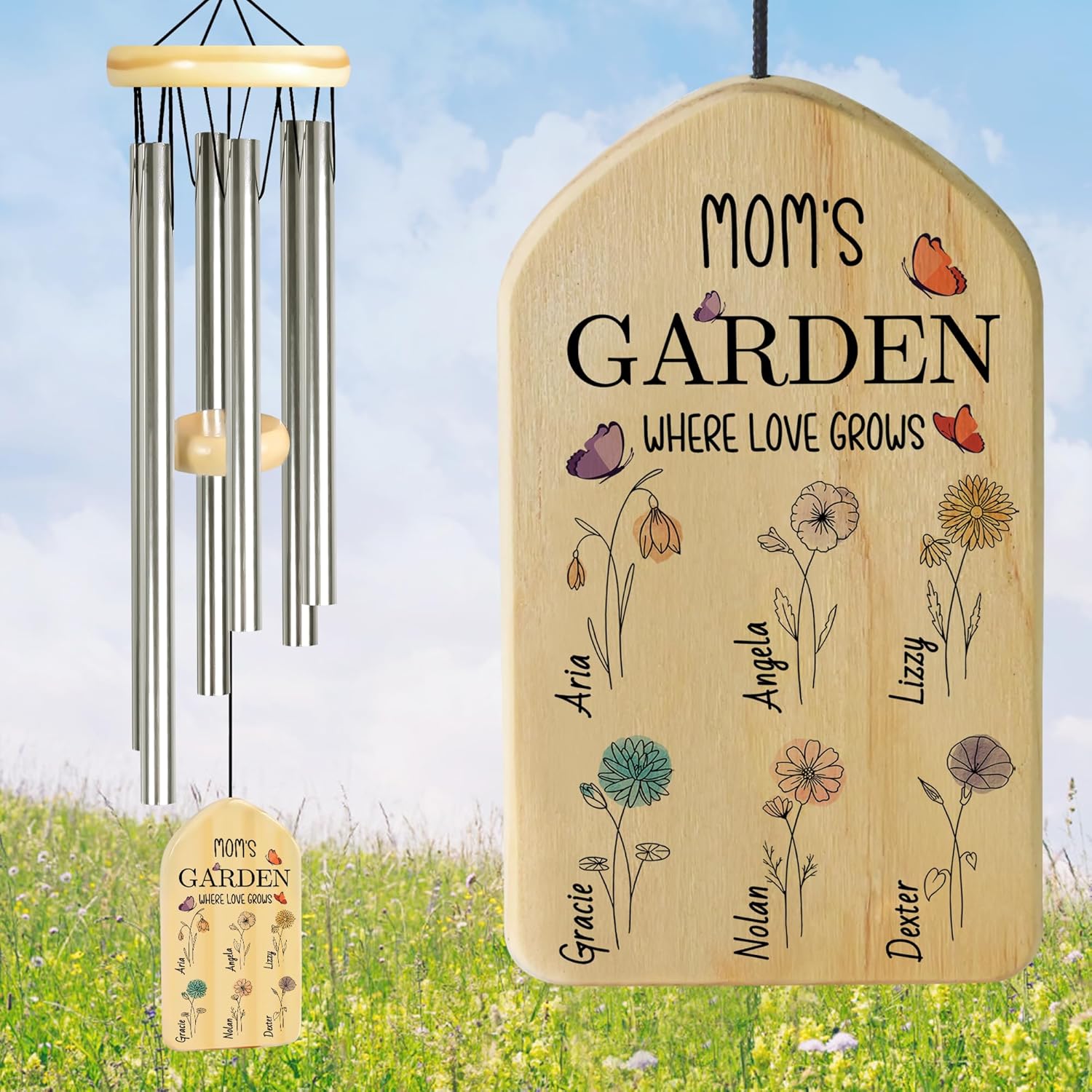 Mothers Day Wind Chimes - Personalized Gift for Mom, Mum Gift - Mom's Garden
