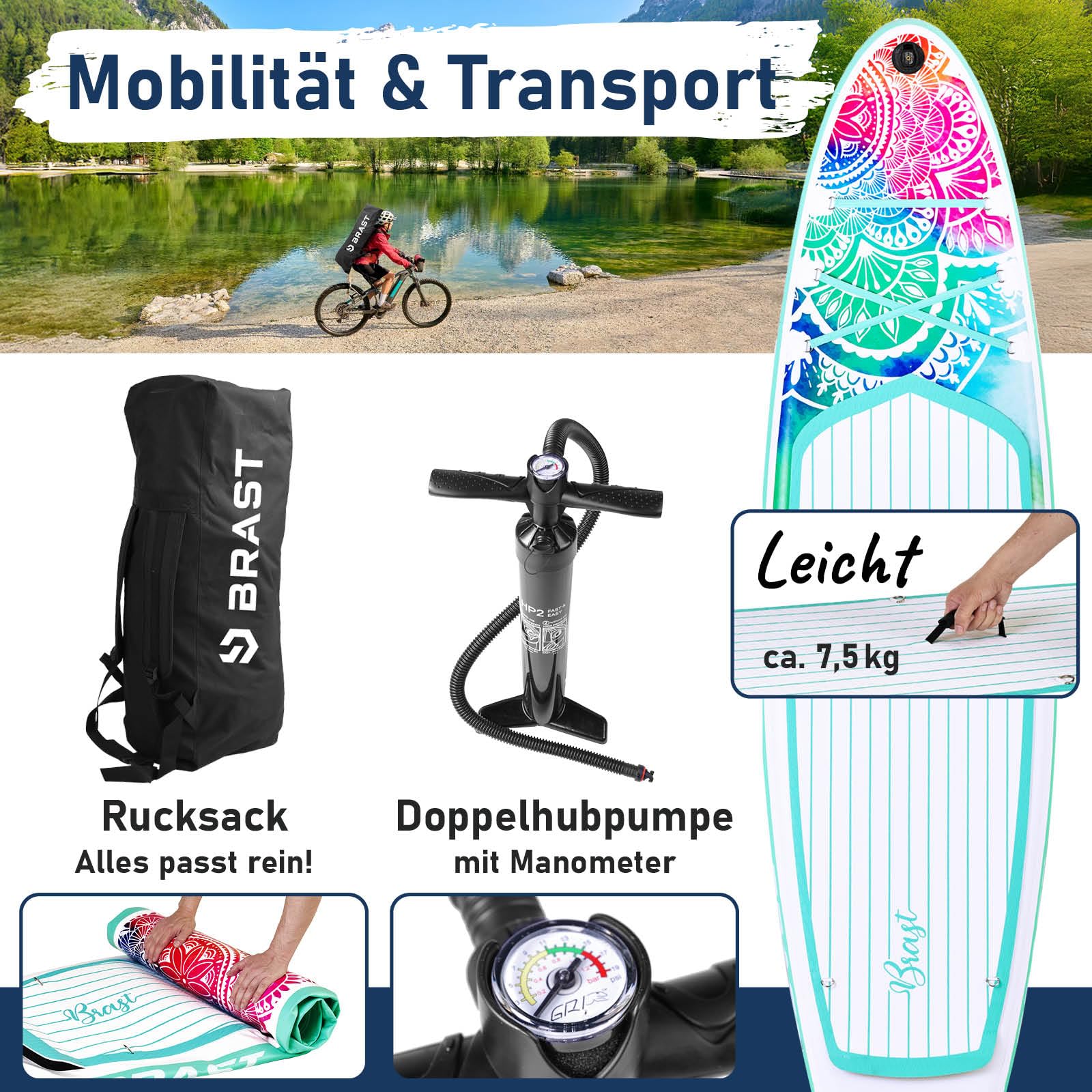 BRAST SUP Board Lady | Aufblasbares Stand up Paddle Set für Frauen | 300cm viele Modelle | inkl. Sonderzubehör | 2in1 Paddel Kajak-Sitz Action-Cam-Halterung Fußschlaufe Pumpe Rucksack