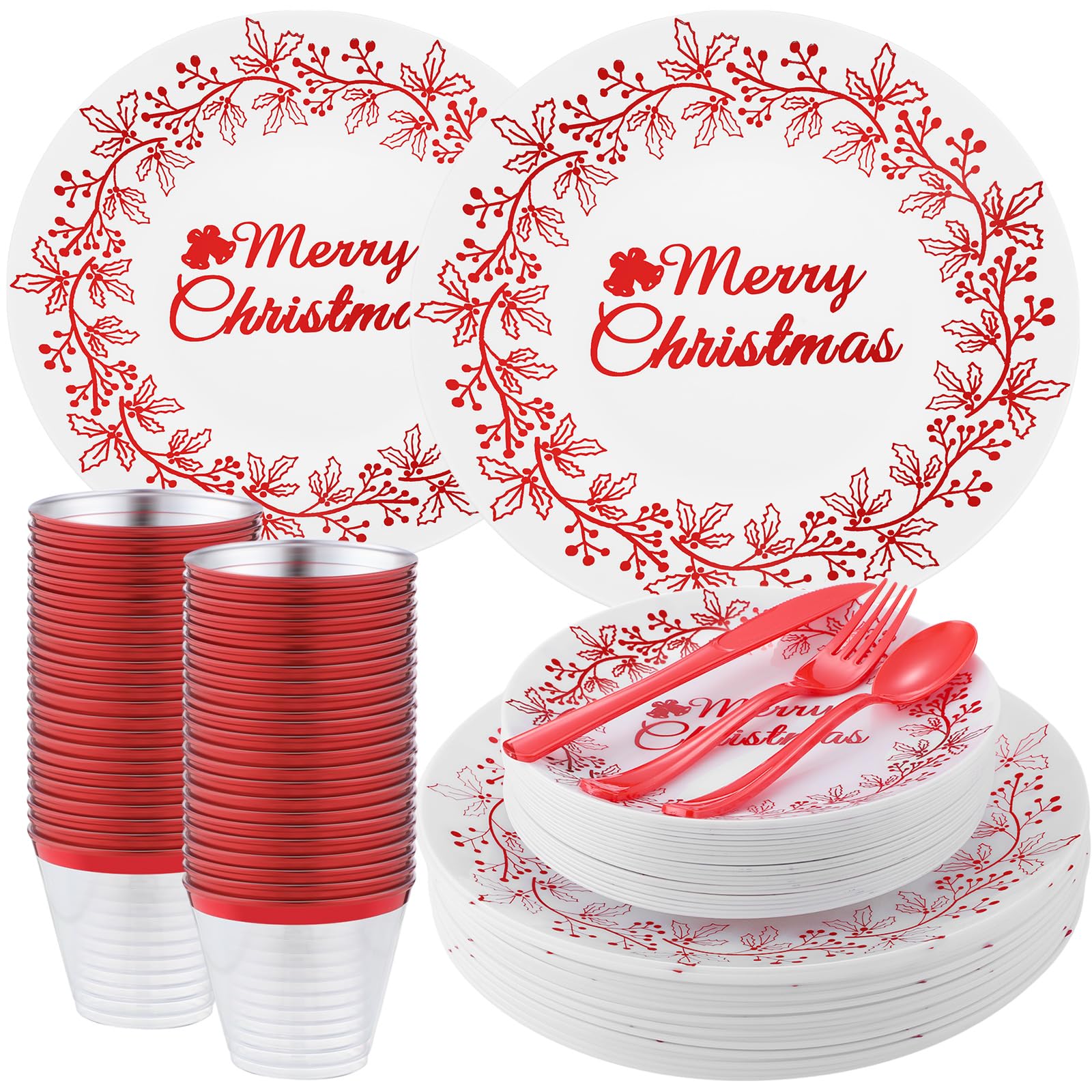shellwei 210 pcs christmas dinnerware sets, christmas disposable plates includes 30 dinner plates 30 cups 30 dessert plate 30 papers napkins 30 forks knives spoons for xmas party supplies