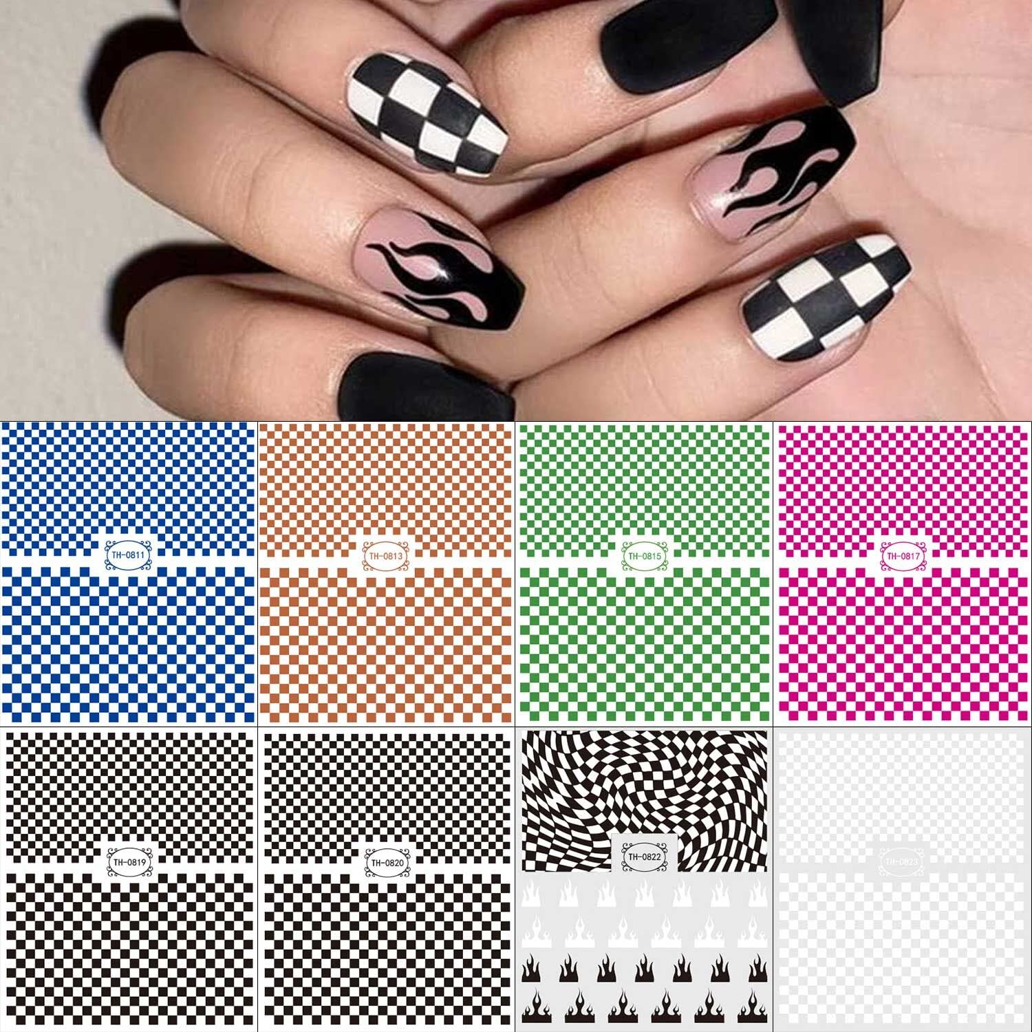 Amazon.com: 8 Sheets French Nail Art Stickers Decals Self-Adhesive Nail  Wraps Checkerboard Square Design Manicure Tips Nail Decoration for Women  Girls : Everything Else