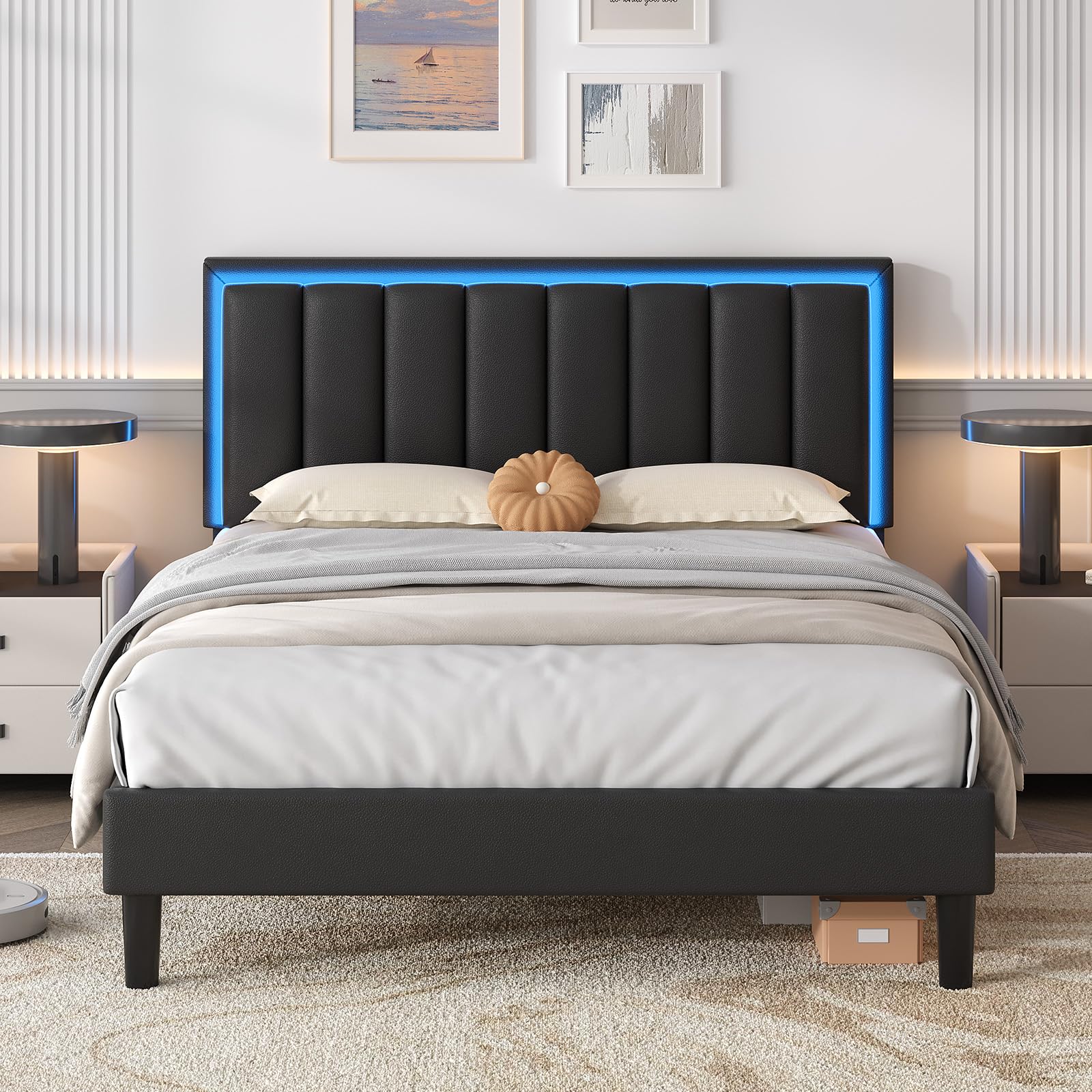 IMMERSTABLE Queen Bed Frames with LED Lights, Upholstered Bed Frame Queen, Queen Bed Frame with Headboard, No Box Spring Needed, Noise-Free, Easy