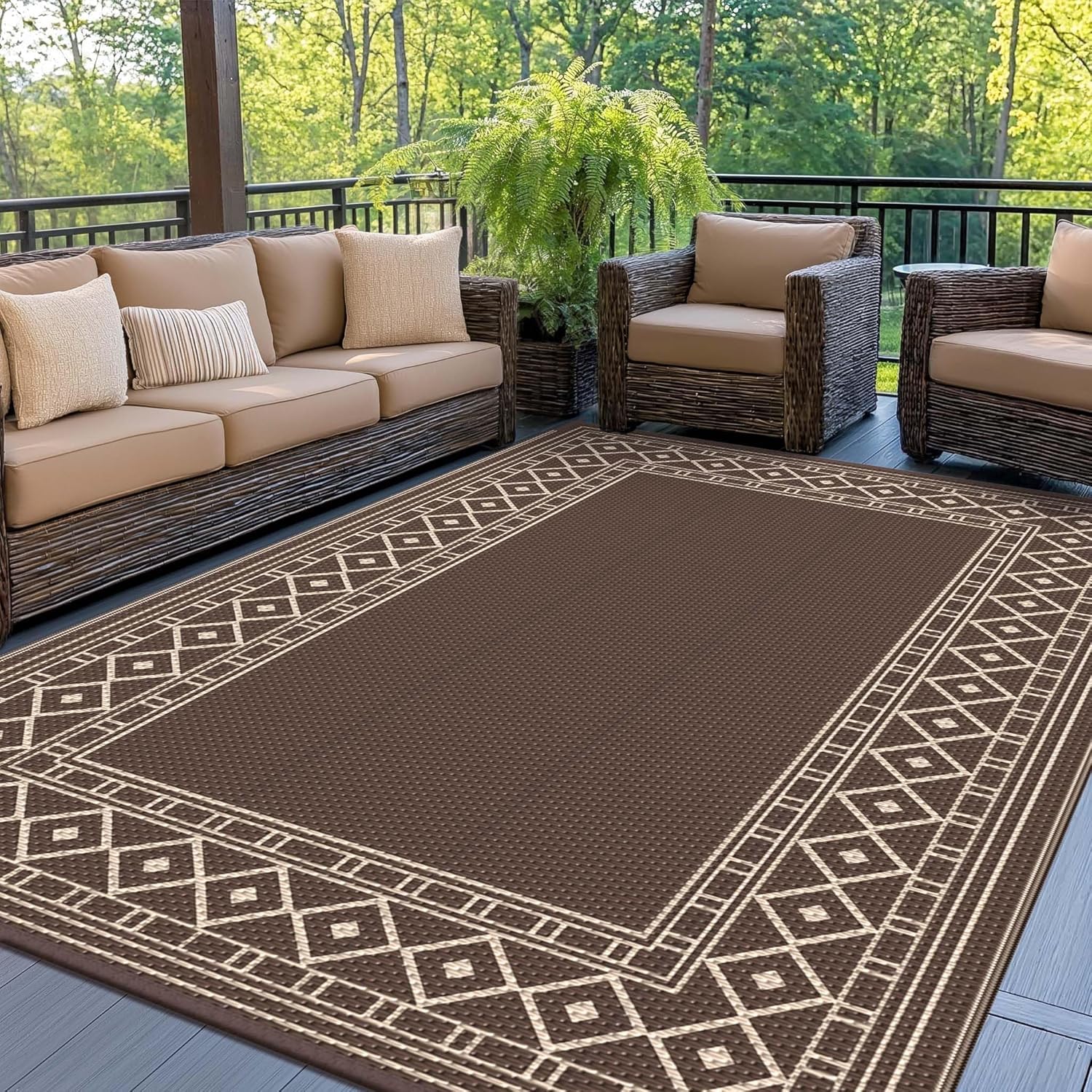GENIMO Outdoor Teppich 240x300 cm, Extragroßer, Wasserdichter, Wendbarer Gartenteppich, UV-beständige Waschbarer Kunststoffteppich für Terrasse, Wohnmobil, Picknick, Garten Balkon, Coffeebeige