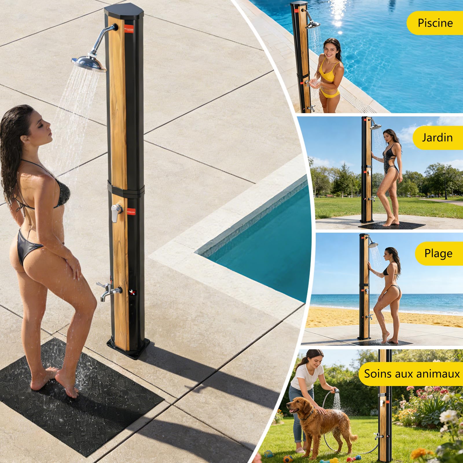 COOLWEST Douche Solaire de 40 Litres avec Fond en Plastique, Douche de Jardin Solaire avec Pommeau de Douche Pivotant à 360 ° et Douche à pied, Température Réglable Jusqu'à 60 °C, pour Jardin, Piscine