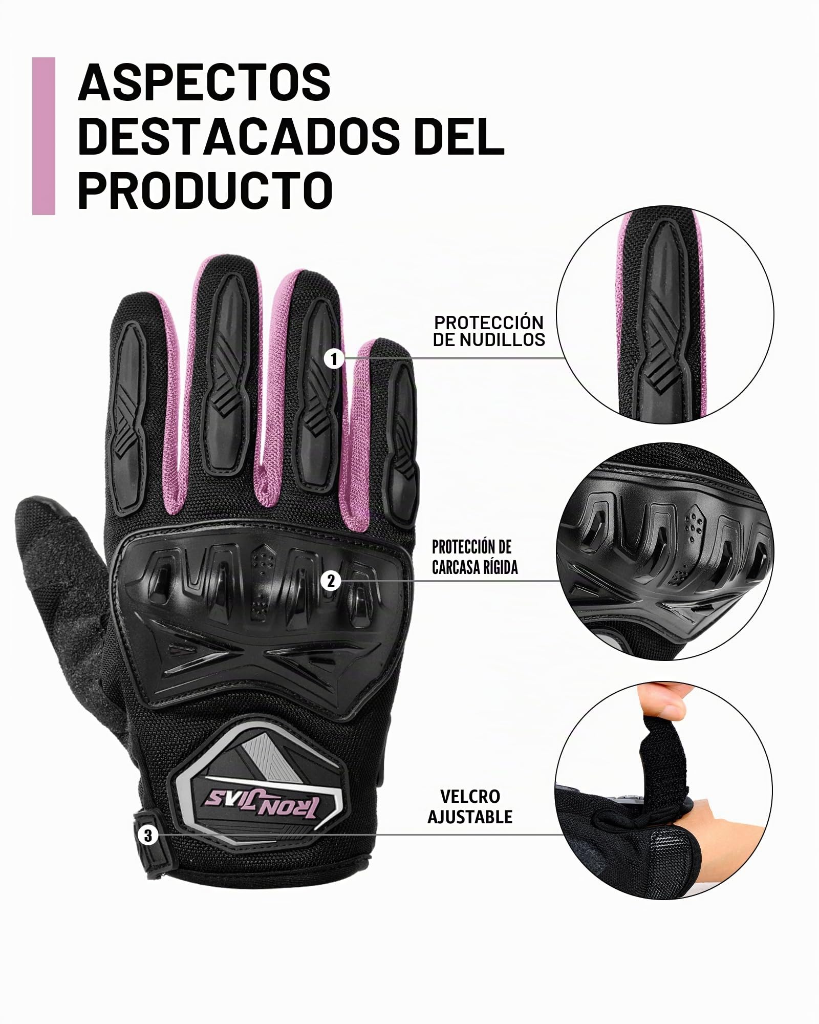 BORLENI Guantes de Moto, Dedo Completo Transpirable Guantes de Moto con Pantalla Táctil Guantes de Nudillos Verano，Rosa，M
