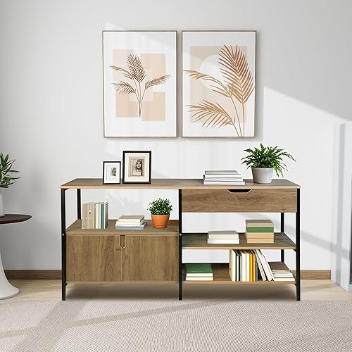 Miniatura 2 de Aparador industrial, muebles de almacenamiento modernos con 1 cajón, estantes de 3 niveles y 1 gabinete, marco de metal resistente y construcción de