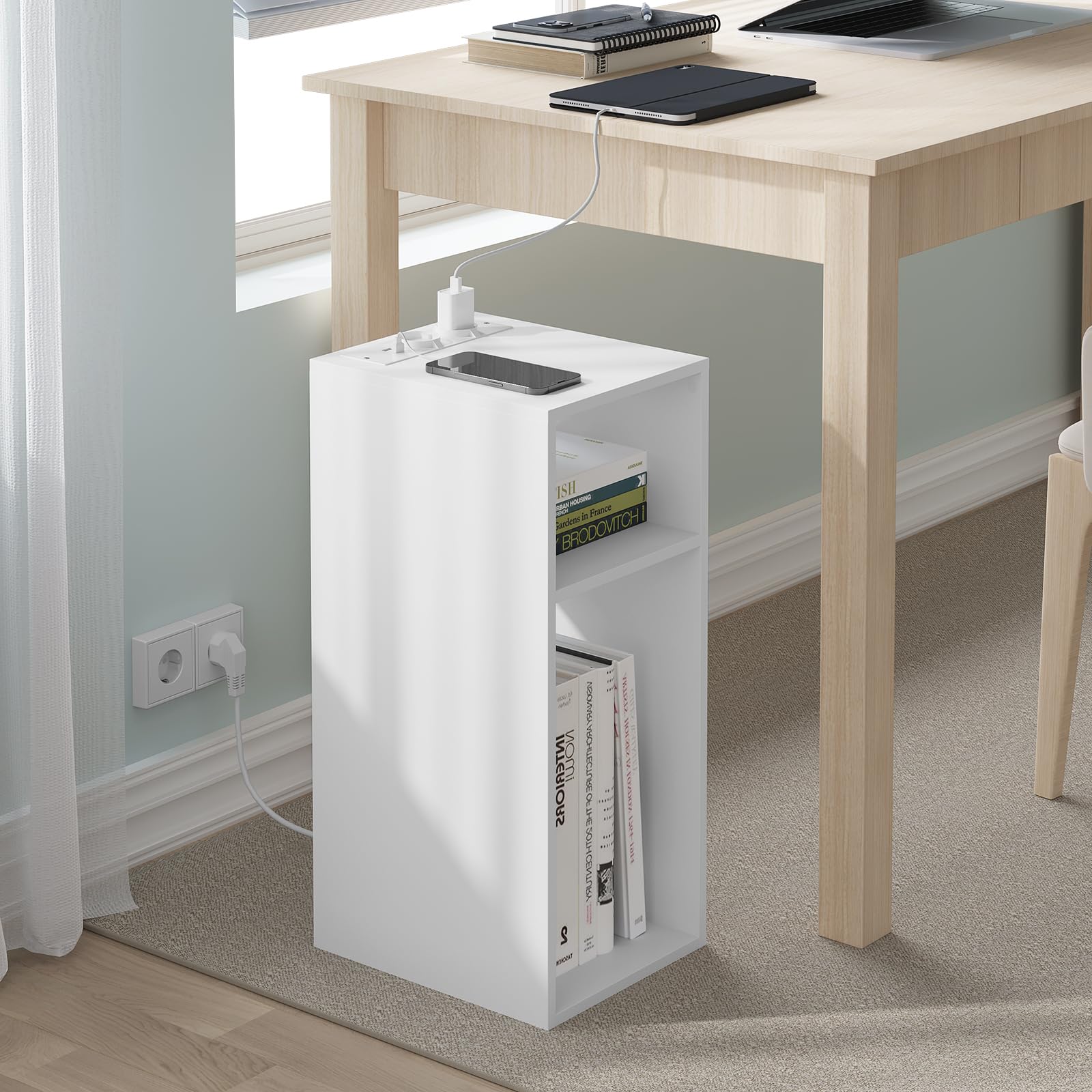 WOLTU Stolik nocny ze stacją ładującą 2 gniazda 2 porty USB biały 25x30x60 cm