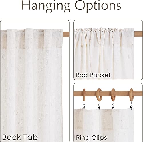 Miniatura 3 de NICETOWN Cortinas de lino color crema para sala de estar de 96 pulgadas de largo, bolsillo para barra y pestaña trasera, tratamientos de ventana