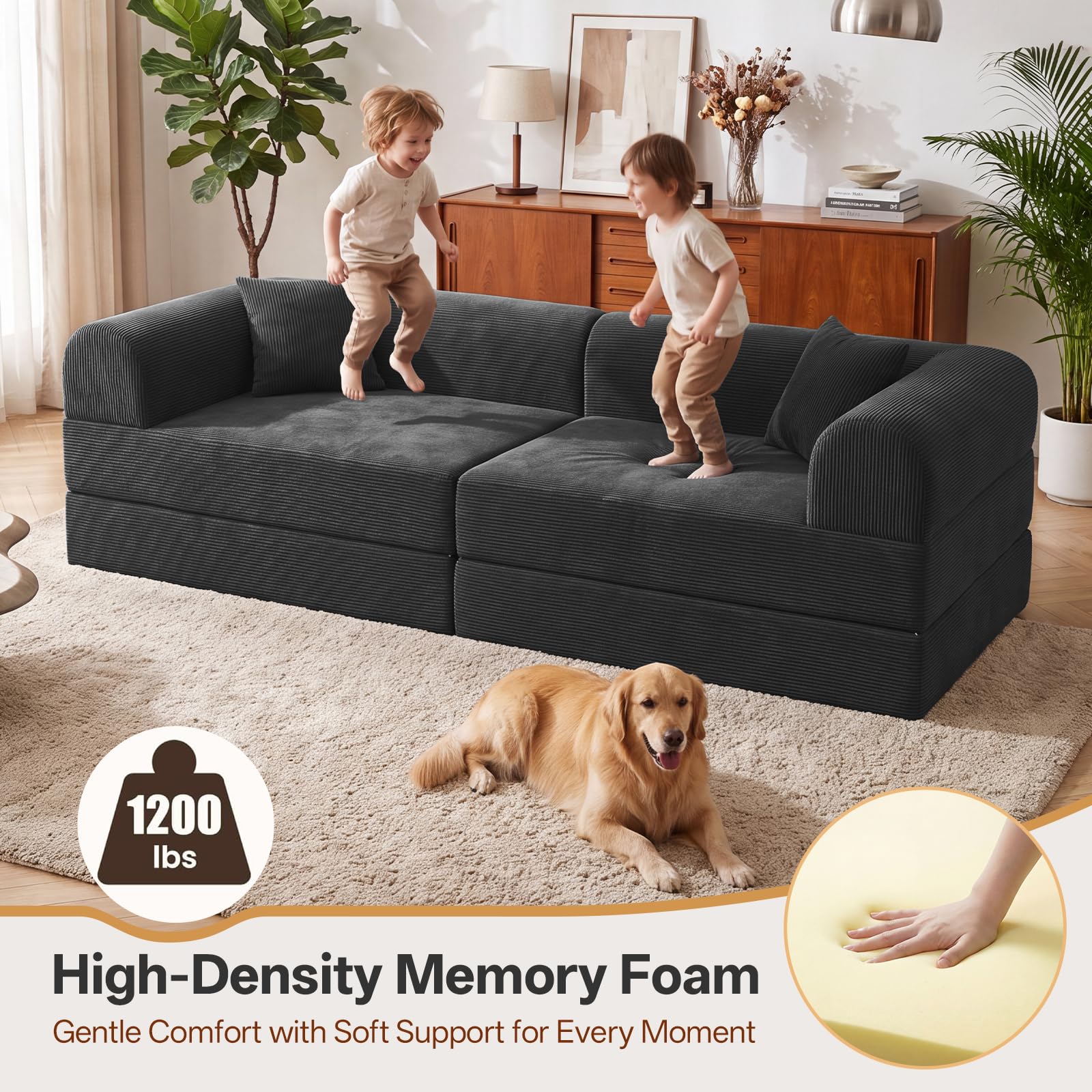 74.8’’Convertible Futon Sofa Bed, Boneless Couch for Living Room | Corduroy Boneless Loveseat Sleeper Sofa, Modular Futon Couch with 2 pillow, Pull Out Couch No Assembly | Black
