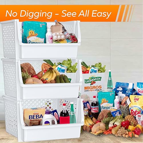 Miniatura 4 de Skywin Contenedores apilables de plástico grandes para despensa, color blanco, paquete de 3, contenedores apilables para organizar alimentos, cocina