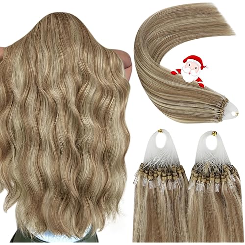 YoungSee Microbead Hair Extensions Highlight Micro Hair Extensions Real Human Hair Light Brown Highlight Blonde Micro Beads Human Hair Extensions for Short Hair 14In 50s/50g Beaded Hair Extension Soft