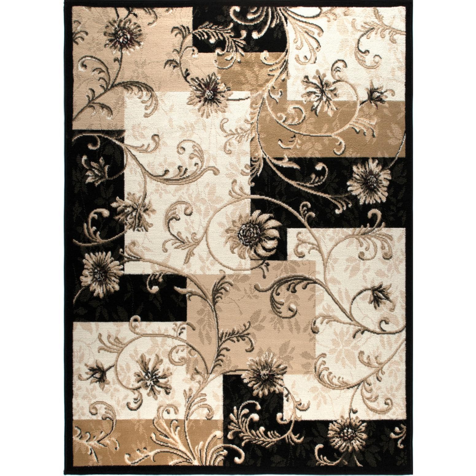 Optimum Byron Contemporary Color Block Floral Area Rug, Black/Beige, 5'2"x7'2"