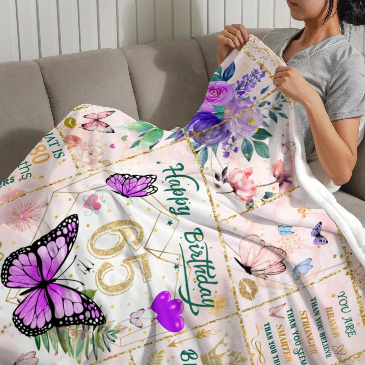 65th Birthday Blanket, 65 Year Old Gifts for Women, Happy 65th Birthday Gifts, Fun Butterfly Flower Throw Blanket Gifts for Anniversary Christmas, Super Soft Warm Plush Flannel Fleece Blankets 60"X50" - Image 4